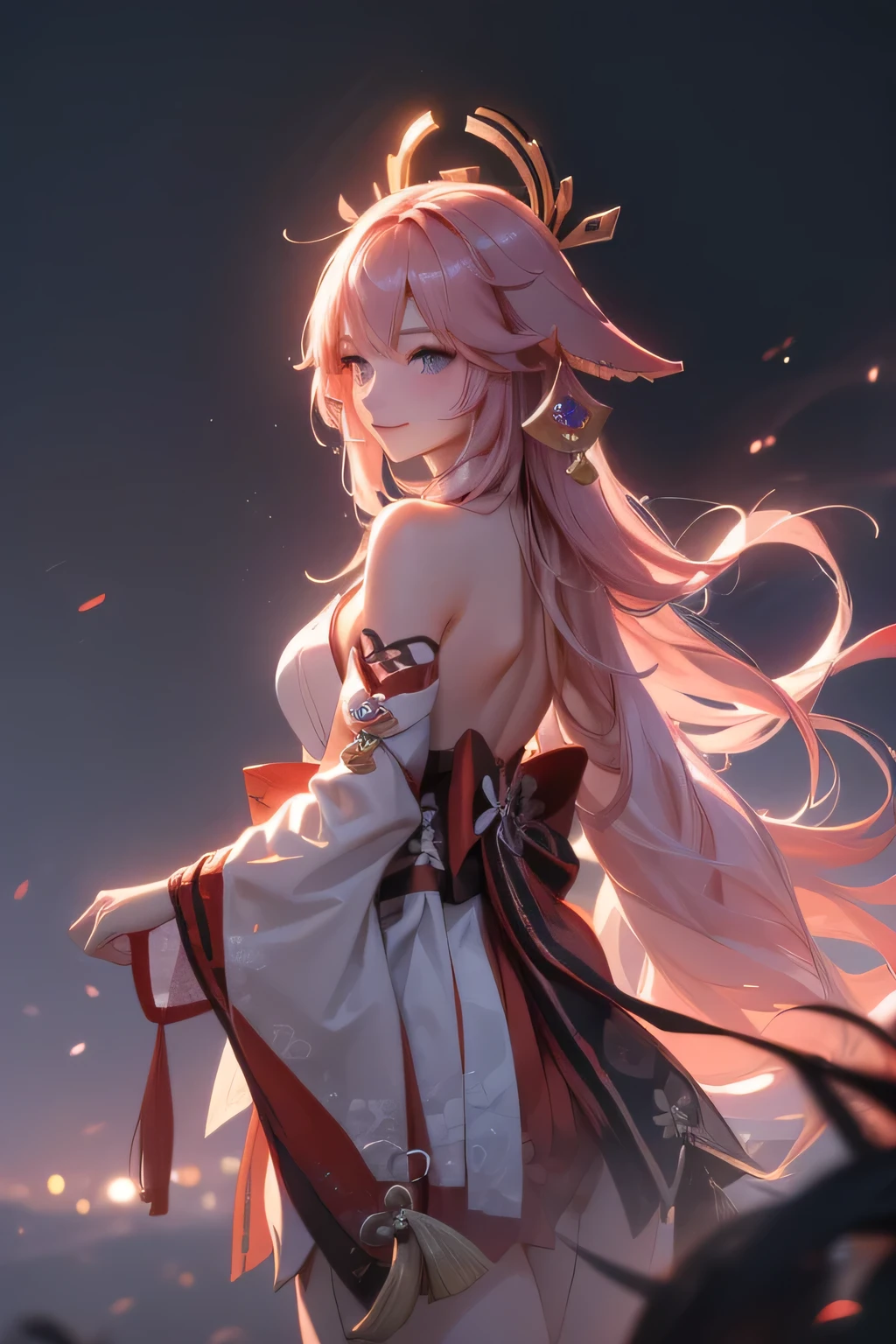 ((yaemikodef)):1.5,((masterpiece,highest quality,Highly detailed images,Beautiful images))1.4(Image of Yae Miko smiling in front of lightning、Extreme Lightning、Overall dim lighting、Backlight、Fantastic dark atmosphere、Thick Fog、Dust flutters)1.3,(Full body image of Yae Miko)1.2