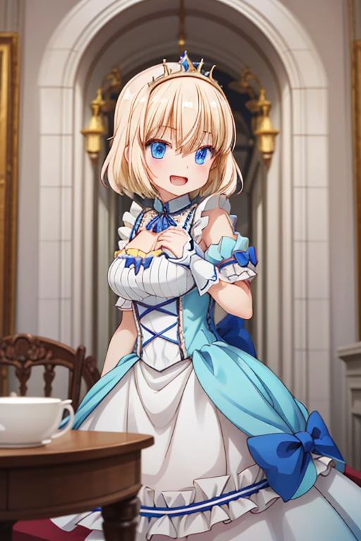 insanely detailed, absurdres, ultra-highres, ultra-detailed, best quality, 1girl, solo, animemia, nice hands, perfect hands, princess, princess dress with many frills, teara on hair, happy smile, laugh, open mouth, standing, seductive pose, 45 angle, cowboy shot, slender, kawaii, perfect symmetrical face, ultra cute girl, ultra cute face, ultra detailed eyes, ultra detailed hair, ultra cute, ultra beautiful, (fantasy world, in castle), depth of field, medium large breasts, blonde hair, medium hair, messy hair, blue eyes, hair between eyes