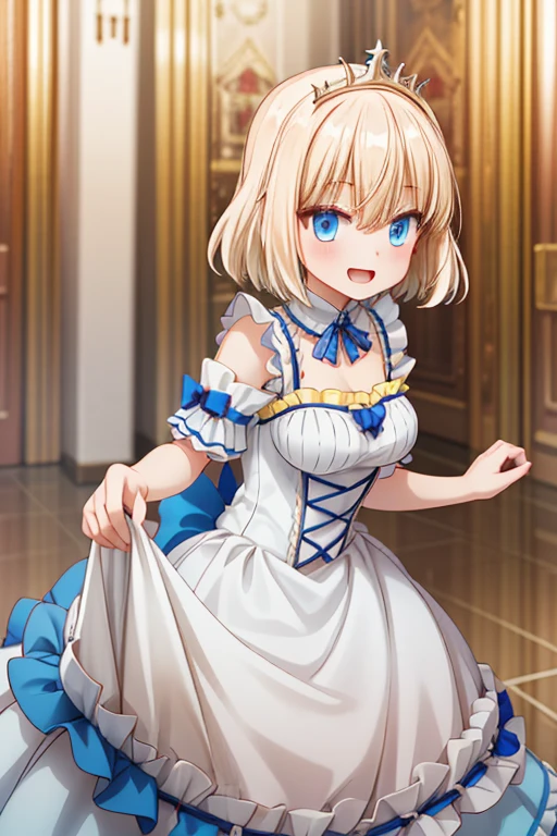 insanely detailed, absurdres, ultra-highres, ultra-detailed, best quality, 1girl, solo, animemia, nice hands, perfect hands, princess, princess dress with many frills, teara on hair, happy smile, laugh, open mouth, standing, seductive pose, 45 angle, cowboy shot, slender, kawaii, perfect symmetrical face, ultra cute girl, ultra cute face, ultra detailed eyes, ultra detailed hair, ultra cute, ultra beautiful, (fantasy world, in castle), depth of field, medium large breasts, blonde hair, medium hair, messy hair, blue eyes, hair between eyes