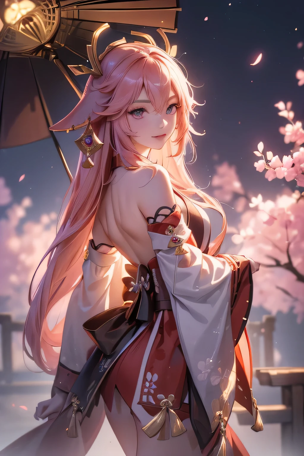 ((yaemikodef)):1.5,((masterpiece,highest quality,Highly detailed images,Beautiful images))1.4(Image of Yae Miko smiling in front of a large cherry tree、shrine、Overall dim lighting、Backlight、Fantastic dark atmosphere、Thick Fog、Dust flutters)1.3,(Full body image of Yae Miko)1.2