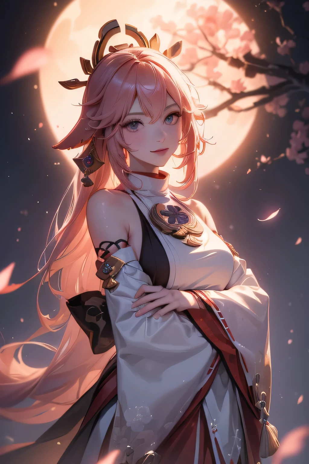 ((yaemikodef)):1.5,((masterpiece,highest quality,Highly detailed images,Beautiful images))1.4(Image of Yae Miko smiling in front of a large cherry tree、shrine、Overall dim lighting、Backlight、Fantastic dark atmosphere、Thick Fog、Dust flutters)1.3,(Full body image of Yae Miko)1.2