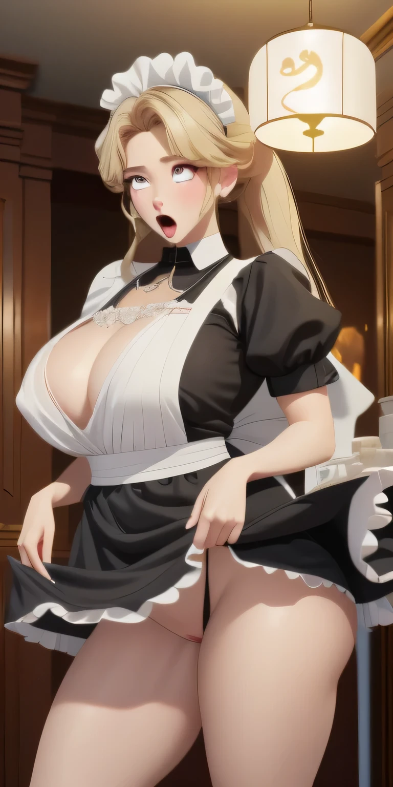 (masterpiece), best quality, Super detailed, Perfect hands, Perfect legs, Delicate eye expression, 1 Girl (assemble_Yaori, Sexy, Sexy plump figure, Huge breasts(((Cleavage)))8k, Wide hips,  , Long hair, Eye(Empty Eye)), Expressionless,open mouth,Saliva flows alone,, whole body,maid(Black, Mini skirt),maid headdress, skirt lift,  In the middle of the night, Living room hallway(hidden, Only candles are glowing), walk,Sexy waist teasing,