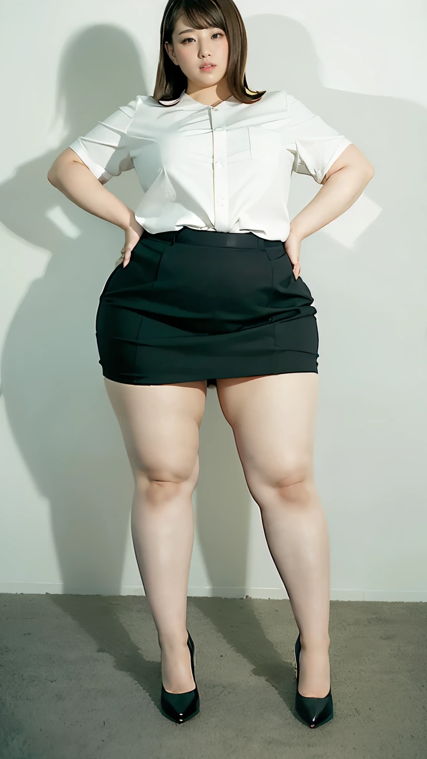 Office Lady、career woman、secretary、fat girl、Full body portrait、Hands on hips、Stand with your feet shoulder-width apart、Simple white background、High heels、Standing on tiptoes、woman、Brown Hair、Short Hair、Very fat、One Woman、