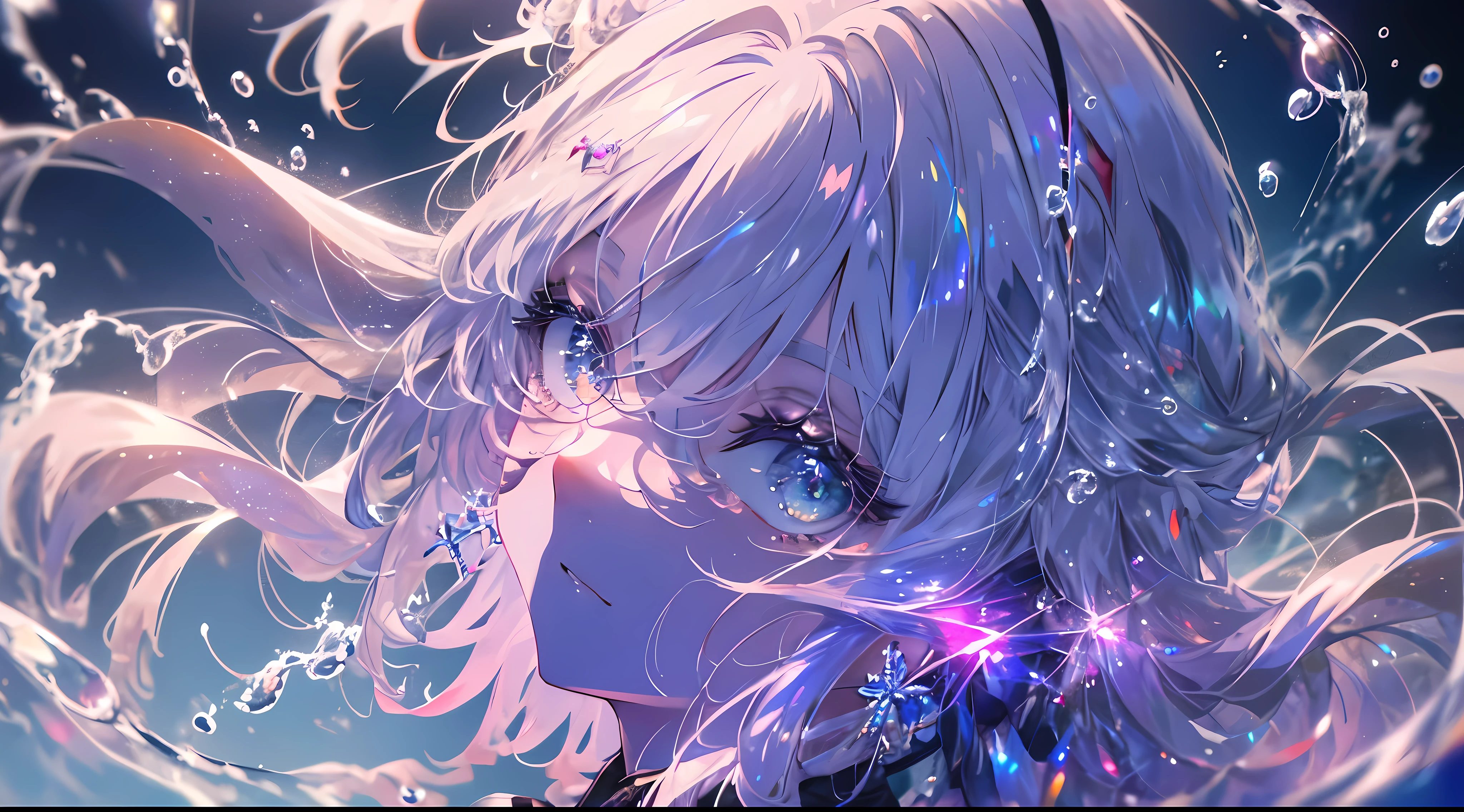 (masterpiece)、(top-quality)、(ultra-detailliert)、(dishevled hair)、(illustratio)、(1girl in)、(Fashionable clothes)、is standing、Fashion Model、Look back、(interview)、(Brief background)、Beautiful detailed eyes、Delicate beautiful face、floating、(High color saturation)、(colorful water splash)、colorful bubble、(shine)、Focus on Face、Kana Arima、Crimson hair、Bangs、hair rings、Floating hair。The girls、Anime Waifu、Look far away、Very detailed and、Reflective transparent iridescent color、Long transparent iridescent RGB hair、Art Bee Scella Rule at Art Station、Thick Acrylic、pixiv illustration、waist up portrait、Gorgeous Holy Girl、top-quality、ultra-detailliert、sad、wise、Beautiful face、Beautiful Ryton black background、Character stvle rendered by Octane、Background Simple、hugetits、poneyTail、The strongest beauty