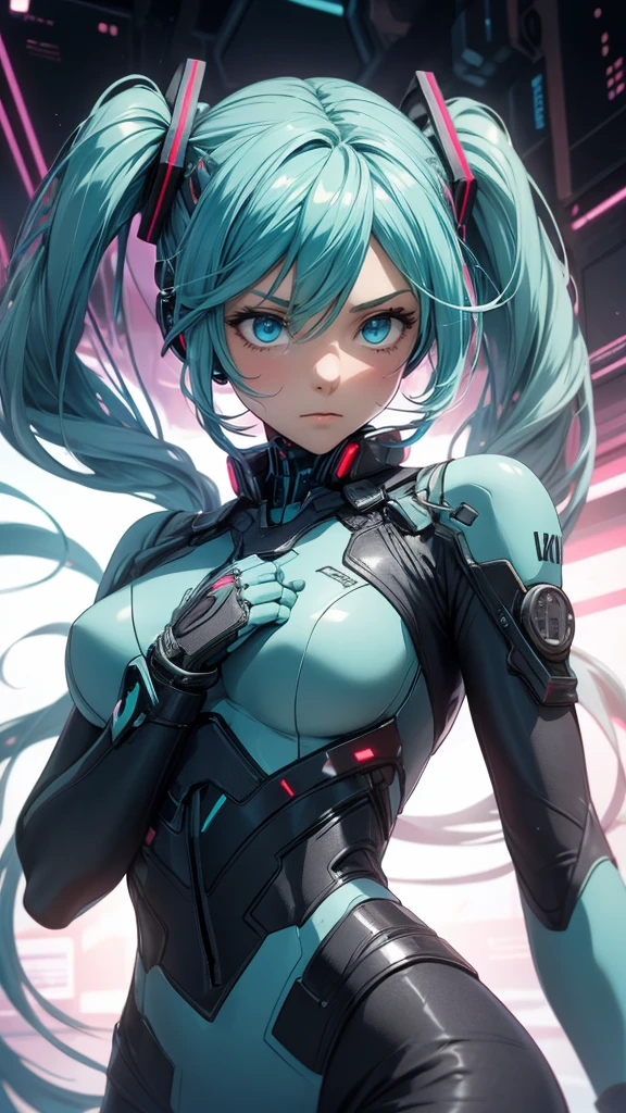 Hatsune Miku Vocaloid, Twin Tails, Light Blue Eyes, Light Blue Hair, Bodysuit, Cyber punk, Ultimate Physical Beauty, Beautiful Eyes, embarrassed look , Bigchest, 8K CG, Top Quality, Best Image Quality,