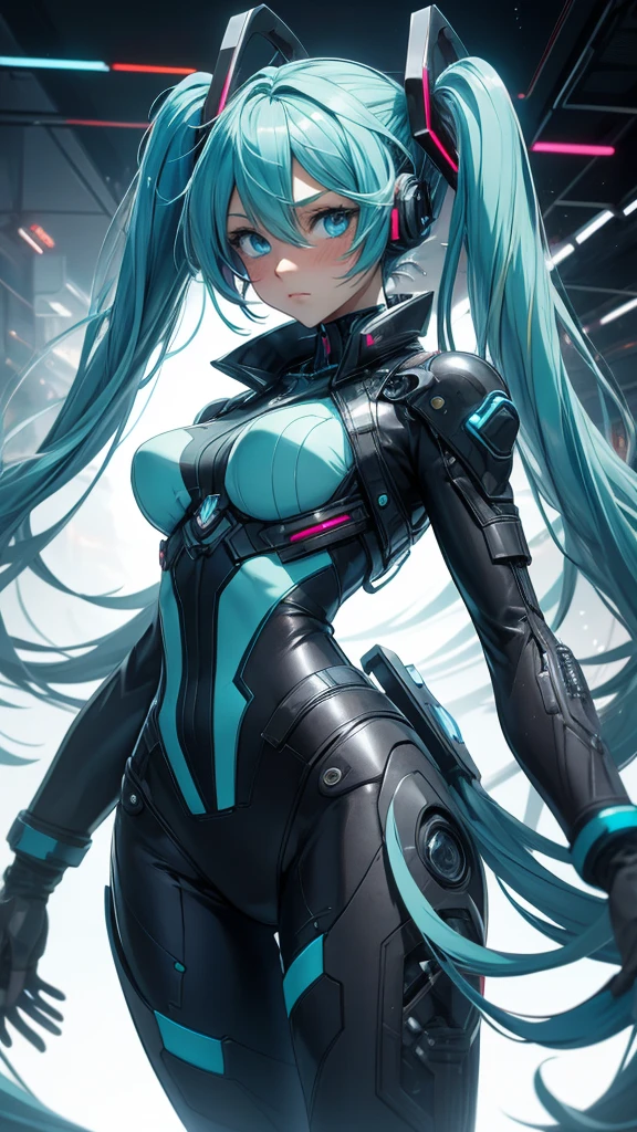 Hatsune Miku Vocaloid, Twin Tails, Light Blue Eyes, Light Blue Hair, Bodysuit, Cyber punk, Ultimate Physical Beauty, Beautiful Eyes, embarrassed look , Bigchest, 8K CG, Top Quality, Best Image Quality,