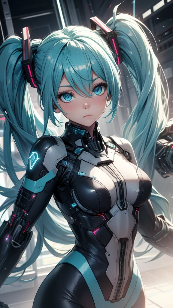 Hatsune Miku Vocaloid, Twin Tails, Light Blue Eyes, Light Blue Hair, Bodysuit, Cyber punk, Ultimate Physical Beauty, Beautiful Eyes, embarrassed look , Bigchest, 8K CG, Top Quality, Best Image Quality,