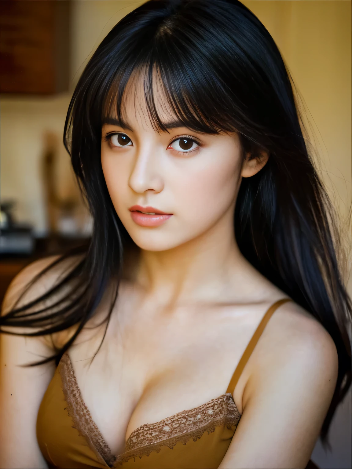 ((best quality)), ((masterpiece)), (detailed), arafed european woman in a bralet, at apartment, half body, perfect breast, beauty long black hair, perfect eyes, perfect face, looks into the camera