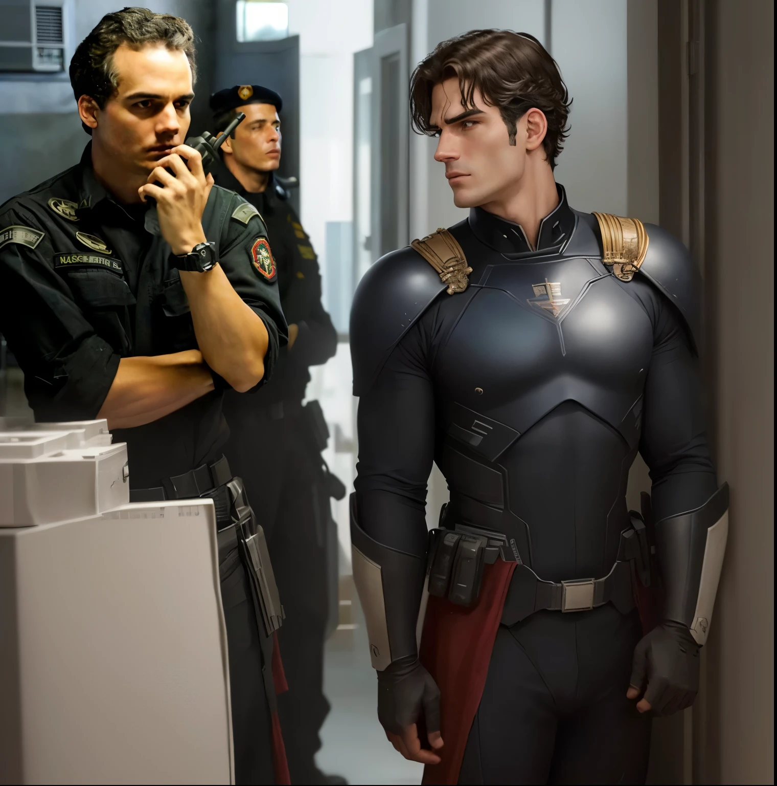 there are two men in uniform talking on the cell phone, de uniforme preto, scene from live action Filme, cena complexa, still from a live action Filme, em uniforme militar preto, TV series still image, by Fernando Gerassi, shot from Filme, FLIM, in sao paulo, Henry Cavill como fuzileiro naval espacial, Miguel Iglesias, Filme, screenshot from a Filme