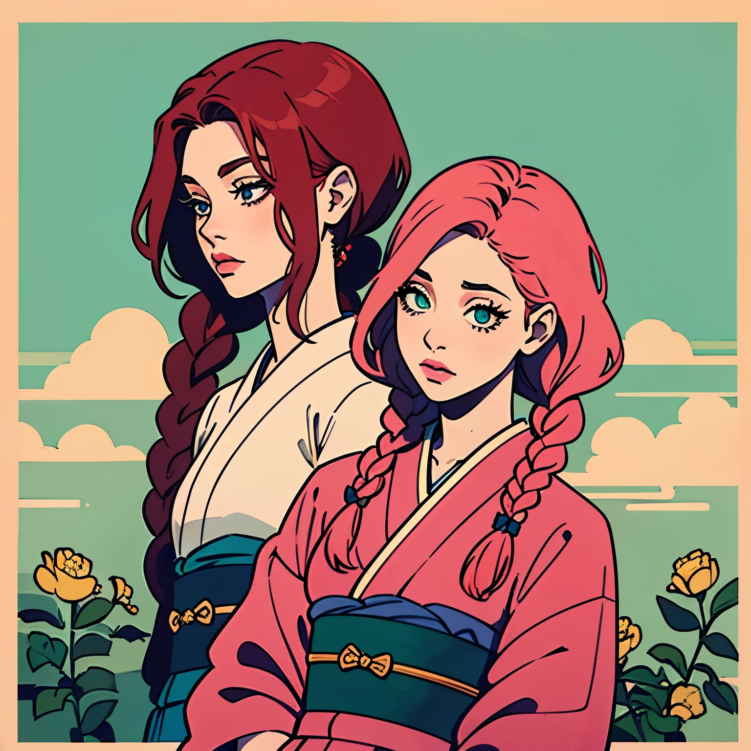  a thin and pale girl, her appearance is fragile, She has bright red hair and her hair is tied in a long braid., He has medium eyes with long eyelashes, sus ojos son color azul bajito, She has rosy cheeks and her lips are cute and thin, they are painted pink., She is wearing a traditional green Japanese kimono with flower designs..