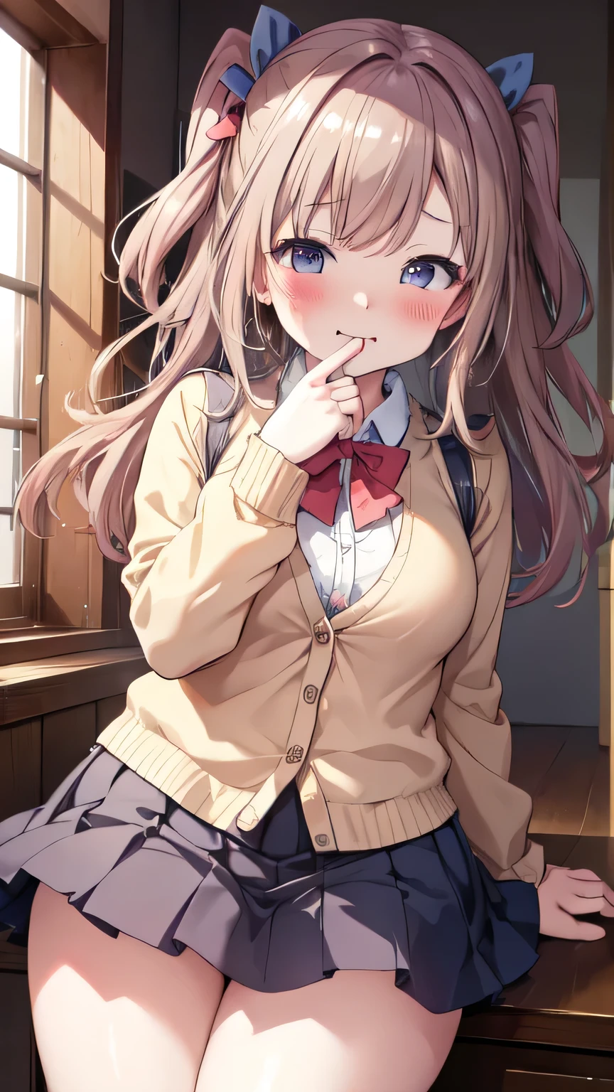 Very detailed、(8k, RAW Photos, highest quality, masterpiece:1.2), (Very detailed 8k wallpaper),shape、Professional Lighting,Sharp focus, Written boundary depth、
Browsing Caution、Clear Eyes、Perfect Anatomy、With a girl、12 years old、Beige cardigan、White collar shirt、bow tie 、Micro Mini Skirt、、(blush:1.5),、,、imminent kiss,(Plump thighs:1.2)、