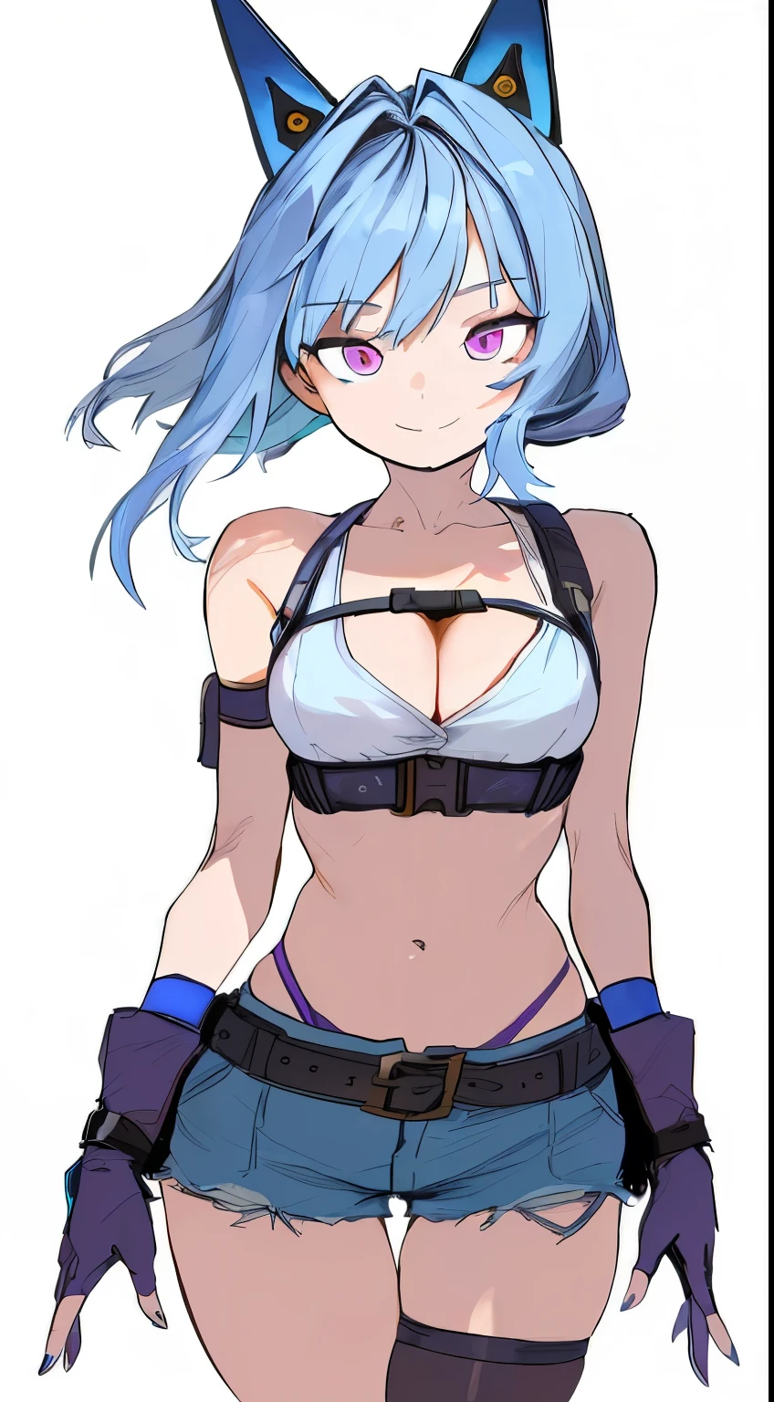 ((((Bare top)))), (((((Cleavage))))), (((((((Super Crop))))))), (((bare stomach, Short clothing, ((Front-tied clothing))))), ((aqua blue scarf)), ((((rigid denim)))), (((thigh holster))), ((Rogue)), Her breasts are exposed, (((Sleeveless))), (((No sleeve))), (((Metal Armlet, armlet))), ((fingerless gloves)), ((short gloves)), ((((bare arm)))), Complete Hand, (Pink eyes), (((Light blue hair, Blue Hair))), bluish hair, Very long hair, (Wolf Ears), one woman, (big breasts), ((highest quality)), ((masterpiece)), At the center, ponytail, (Sexy Costumes), Adult woman, Narrow waist, (masterpiece), ((highest quality)), (Very detailed),woman, (Beautiful Eyes)), Detailed and beautiful eyes, Clean and detailed face, Five Fingers, Perfect Anatomy, simple background, No background, Solid color background, (White Background), (((Small clothes, Simple clothes)))