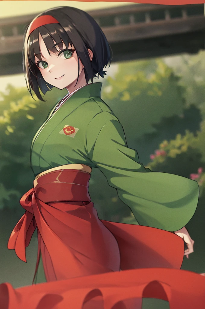 ((masterpiece,best quality)), absurdres, Erika_Pokemon, green eyes, short black hair, kimono, hakama, red hairband, solo, smiling, looking at viewer, cowboy shot,  cinematic composition,