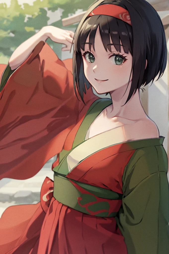 ((masterpiece,best quality)), absurdres, Erika_Pokemon, green eyes, short black hair, kimono, hakama, red hairband, solo, smiling, looking at viewer, cowboy shot,  cinematic composition,