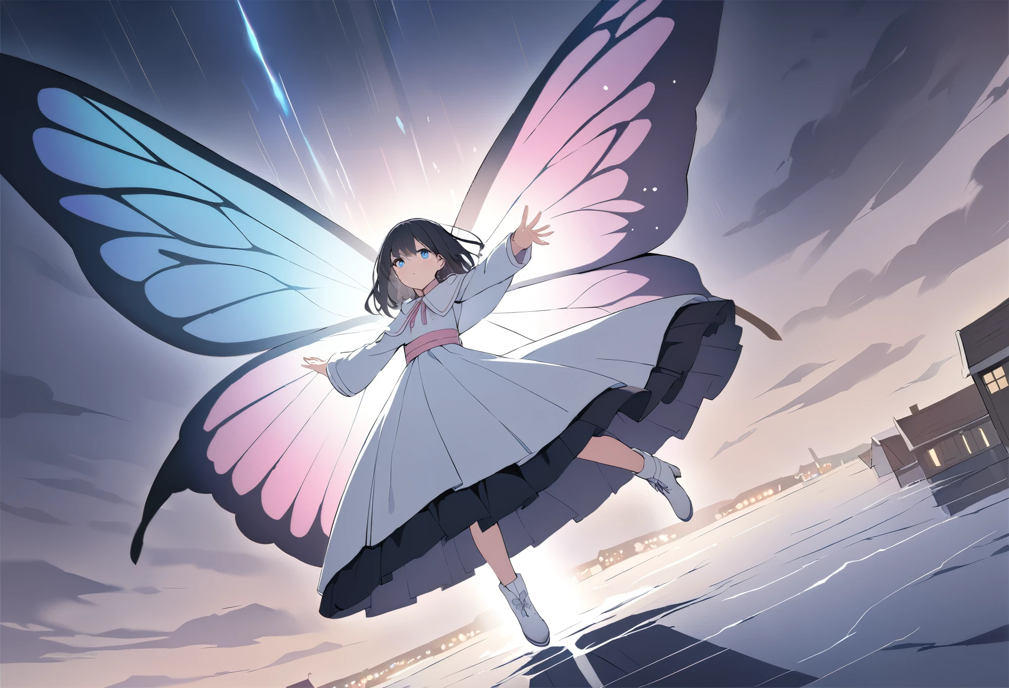 best quality, masterpiece, ultra resolution, super details, anatomically correct, 1 girl, solo, , (black hair:1.2), high quality eyes, high quality hands, (clear deep blue eyes:1.3), (medium hair), loose hair, no hair ornaments, white dress with pink band, (white caplet:1.3), (large collar bow:1.3), long sleeves, (wide cuffs:1.3), pink obi, (long skirt:1.4), (white soft ankle boots:1.2), (huge swallowtail butterfly wings:1.3), (wings of colorful light:1.3), spreading wings, (levitating), legs together, supplicating in the storm, staring eyes, calling for someone, sadly expression, one hand reaching forward, above a town, visible wind streams, high quality background, depth of field
