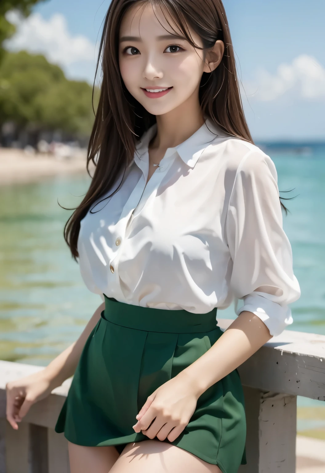 masterpiece, best quality:1.1), (8k, raw photo, photo realistic:1.2, f22), (shiny skin), detailed skin,long hair,detailed face, detailed eyes,smile,BREAK, real world, intricate details, smil, BREAK, 1girl, full body,(blouse,skirt)BREAK, (sea:1.4)