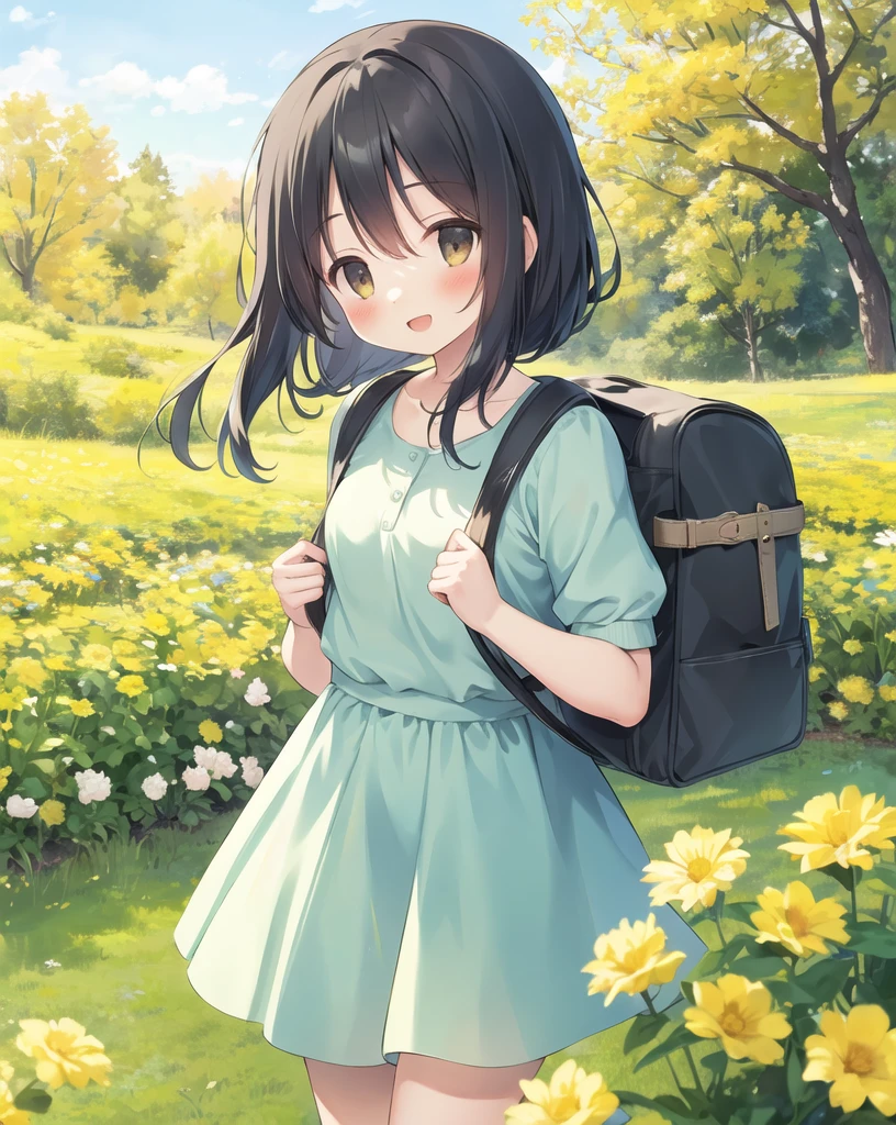 high resolution,professional lighting,an incredibly charming  carrying a backpack,accompanied by her adorable puppy,enjoying a lovely spring outing surrounded by beautiful yellow flowers and natural scenery,masterpiece,best quality, (happy:1.4)