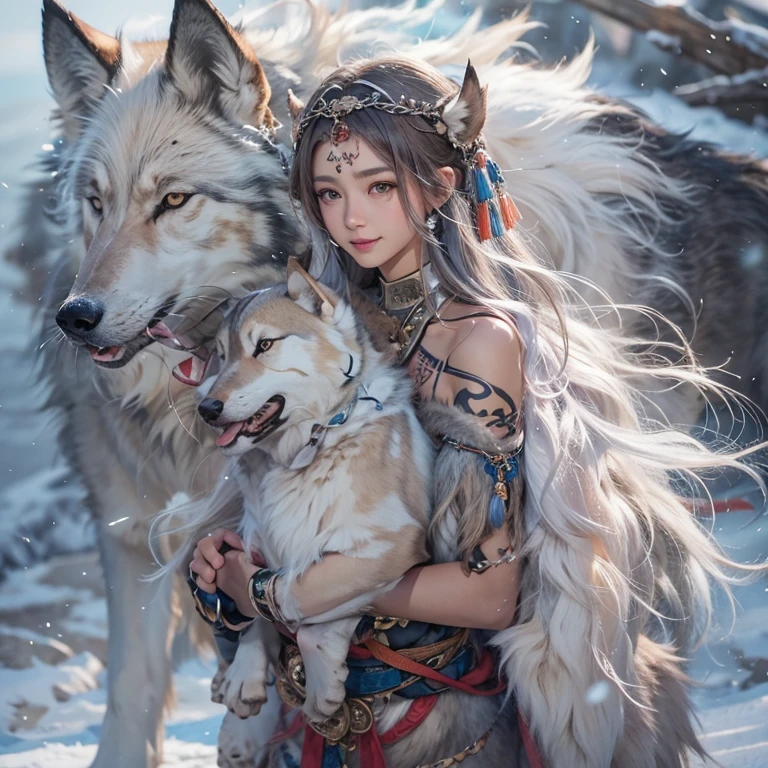 Hide in the snow mountain、Hair flows、 ((highest quality、masterpiece、8k、best image quality、ultra high resolution、Award-winning work)、(accurate anatomy:1.1)、(look at me and smile:1.1)、Shining fair skin with ultra high resolution、most detailed face、ultra high resolution detailed face、ultra high resolutionの髪の毛、(ultra high resolutionの煌めく瞳:1.1)、Beautiful face drawn in every detail、(blurred background:1.1)、ancient Inuit clothing, chest together, tattoo, Old ruins in the background、real wolf aside