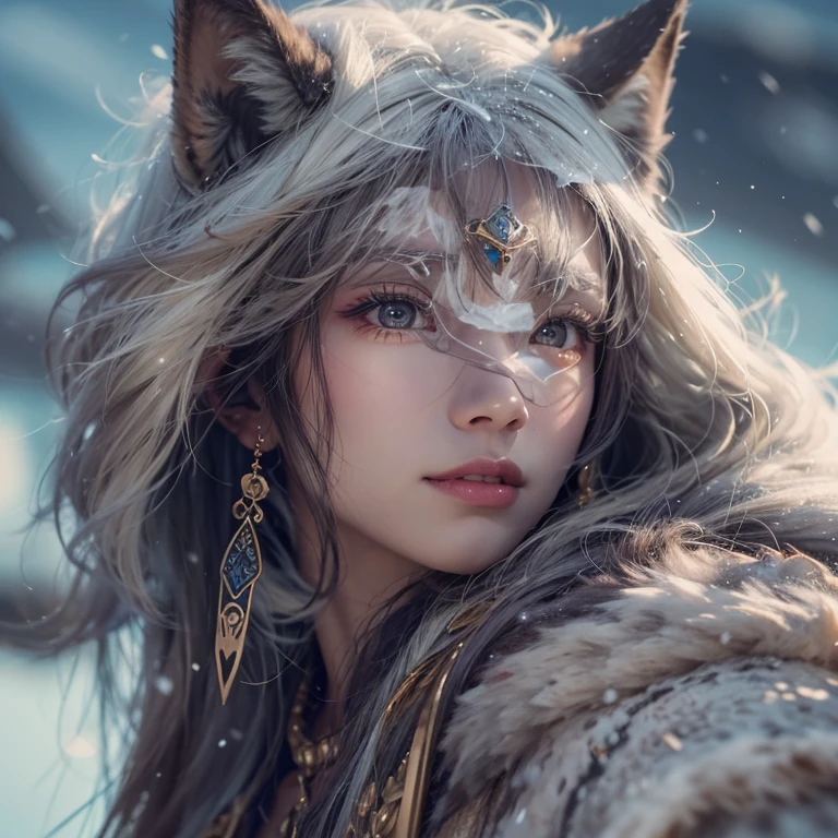 Hide in the snow mountain、Hair flows、 ((highest quality、masterpiece、8k、best image quality、ultra high resolution、Award-winning work)、(accurate anatomy:1.1)、(look at me and smile:1.1)、Shining fair skin with ultra high resolution、most detailed face、ultra high resolution detailed face、ultra high resolutionの髪の毛、(ultra high resolutionの煌めく瞳:1.1)、Beautiful face drawn in every detail、(blurred background:1.1)、ancient Inuit clothing, chest together, tattoo, Old ruins in the background、real wolf aside