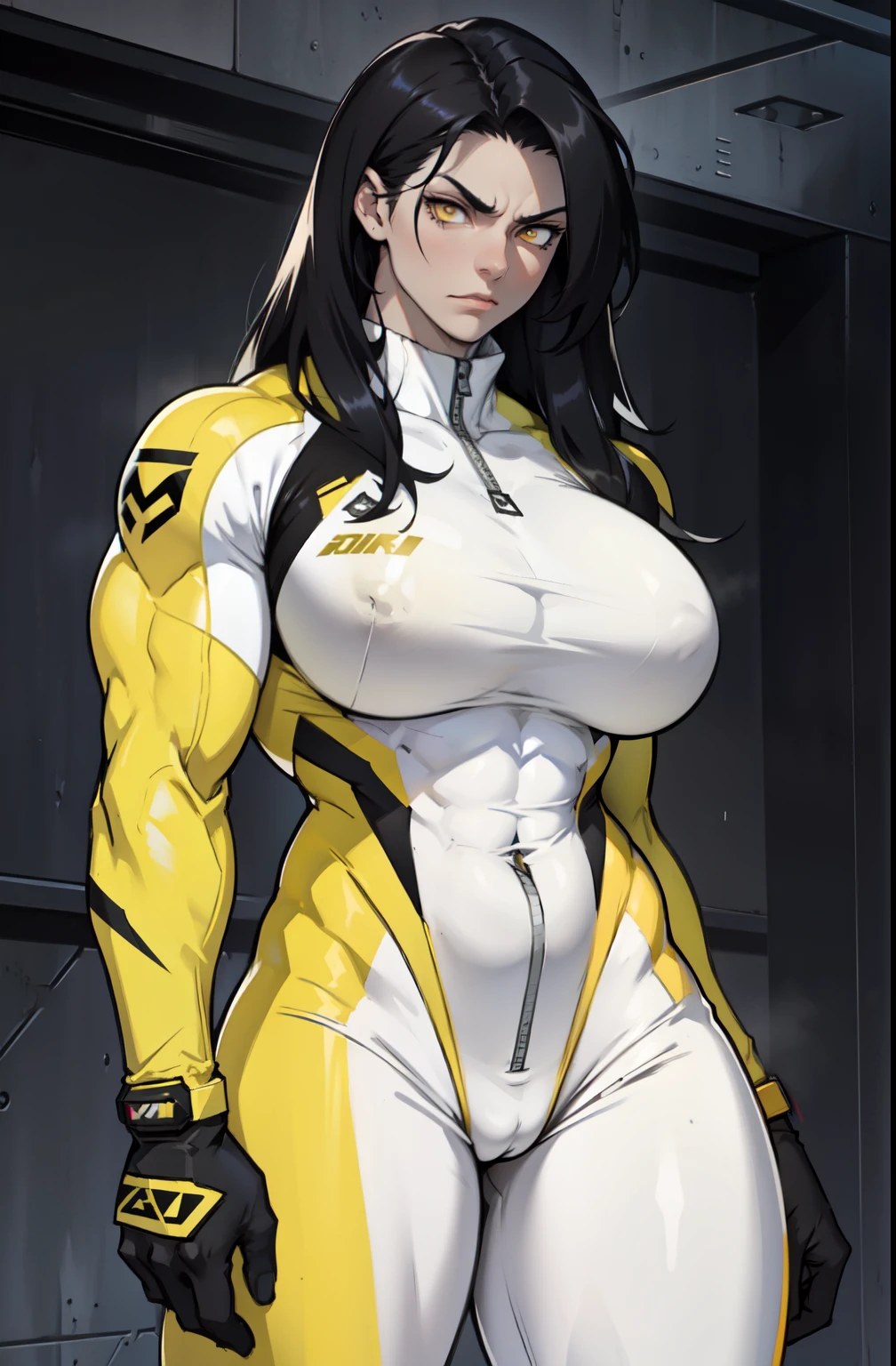 pale skin solo 1 girl black hair yellow eyes angry very long hair dark atmosphere ((huge breasts bodybuilder toned body muscular)) white skinsuit