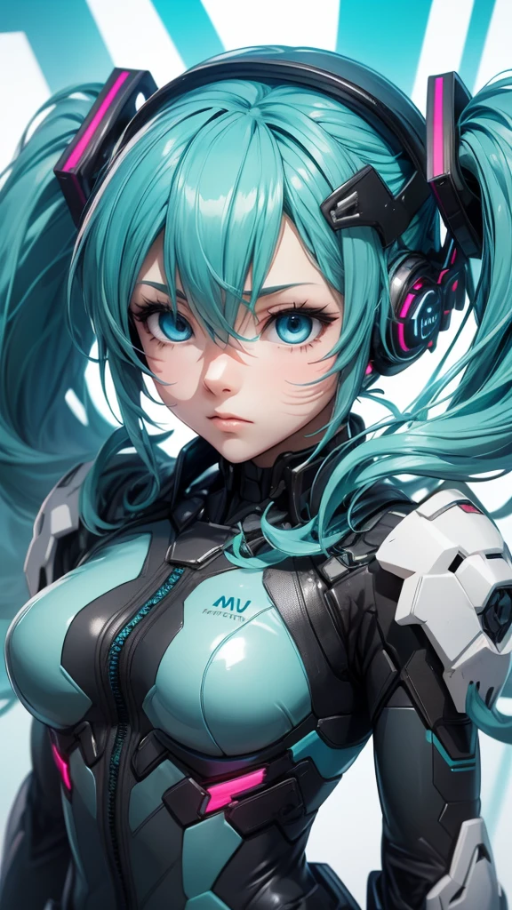 Hatsune Miku Vocaloid, Twin Tails, Light Blue Eyes, Light Blue Hair, Bodysuit, Cyber punk, Ultimate Physical Beauty, Beautiful Eyes, embarrassed look , Bigchest, 8K CG, Top Quality, Best Image Quality,