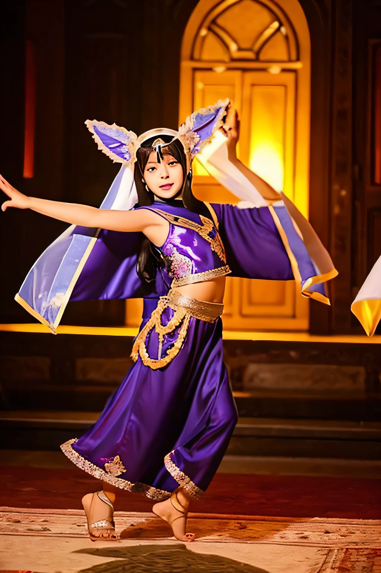 Beautiful girl like the one in the photo Primary school students Cat ears and tail Arabic dancer costume Luxurious room in Arabian style Shrouded in darkness Several people are dancing in the light of candles, shaking their hips