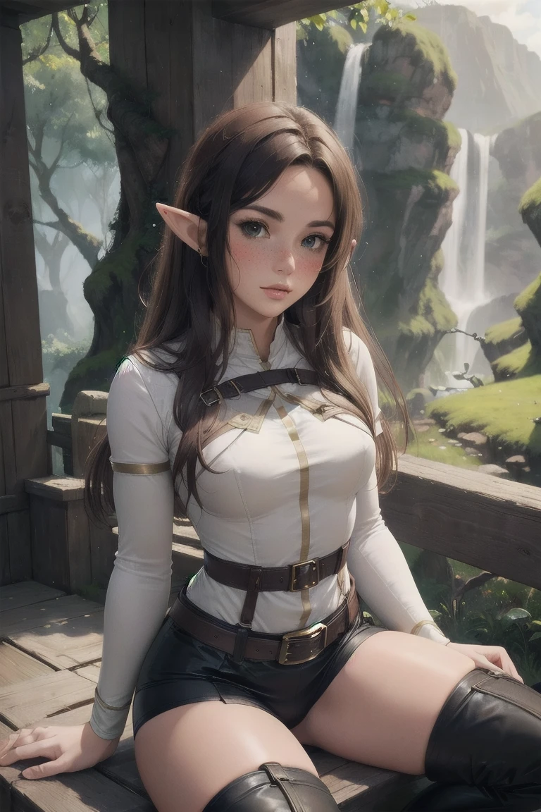 Masterpieces, best quality, perfect, wood, outdoors, forest, elf, sfw,26 years old, mature woman, leather, small ears, blushing, freckles, facing viewer, brown hair, full body, archer, long torso, mouth open, glossy lips, large waist, thick thighs, sitting on log, facing viewer, thigh high socks, hourglass shape, slim waist, thigh gap, cleavege, adult woman, cleavege window, large breasts, beautiful background, perfect landscape, the most peacefull place you've ever been, a welcoming woman, lush pastures, leg strap, leg holster, belt, hunger games, holding wooden bow, holding fancy elf bow, milf, thigh boots held up by leather waist strap, cleavege cutout,