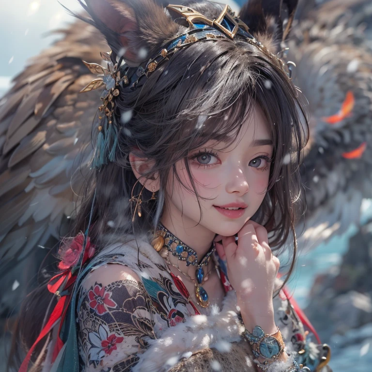 Hide in the snow mountain、Hair flows、 ((highest quality、masterpiece、8k、best image quality、ultra high resolution、Award-winning work)、(accurate ???????:1.1)、(look at me and smile:1.1)、Shining fair skin with ultra high resolution、most detailed face、ultra high resolution detailed face、ultra high resolutionの髪の毛、(ultra high resolutionの煌めく瞳:1.1)、Beautiful face drawn in every detail、(blurred background:1.1)、ancient Inuit clothing, ????? together, tattoo, Old ruins in the background、real giant eagle aside