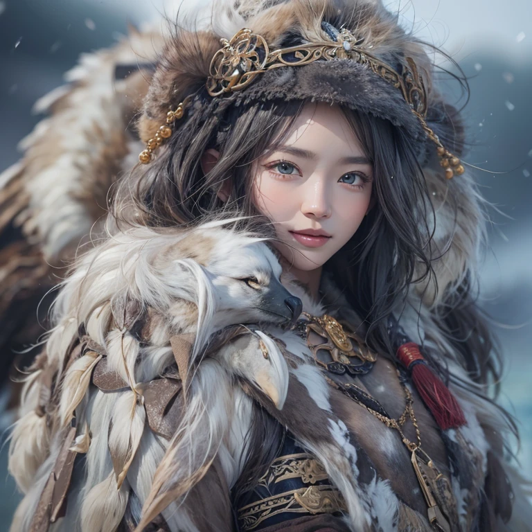 Hide in the snow mountain、Hair flows、 ((highest quality、masterpiece、8k、best image quality、ultra high resolution、Award-winning work)、(accurate anatomy:1.1)、(look at me and smile:1.1)、Shining fair skin with ultra high resolution、most detailed face、ultra high resolution detailed face、ultra high resolutionの髪の毛、(ultra high resolutionの煌めく瞳:1.1)、Beautiful face drawn in every detail、(blurred background:1.1)、ancient Inuit clothing, chest together, tattoo, Old ruins in the background、real giant eagle aside