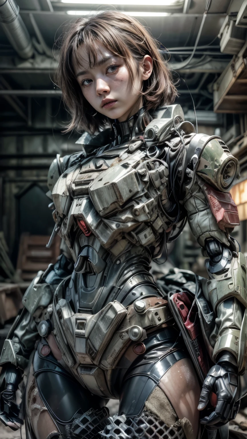 (masterpiece, best quality, lifelike:1.4), , (Ultra HD, 8k wallpaper, high resolution), Japanese girl in robot military uniform，Holding M16 rifle，Playing as a Soldier, Dusty car body, Dirty brown hair, Dusty face, Very tense muscles, Dynamic poses, Sharp expression. The ruins of New York City are in the background, Dressed in red and black military uniform with crimson trim, Depressing atmosphere, post-apocalyptic, Photon Mapping