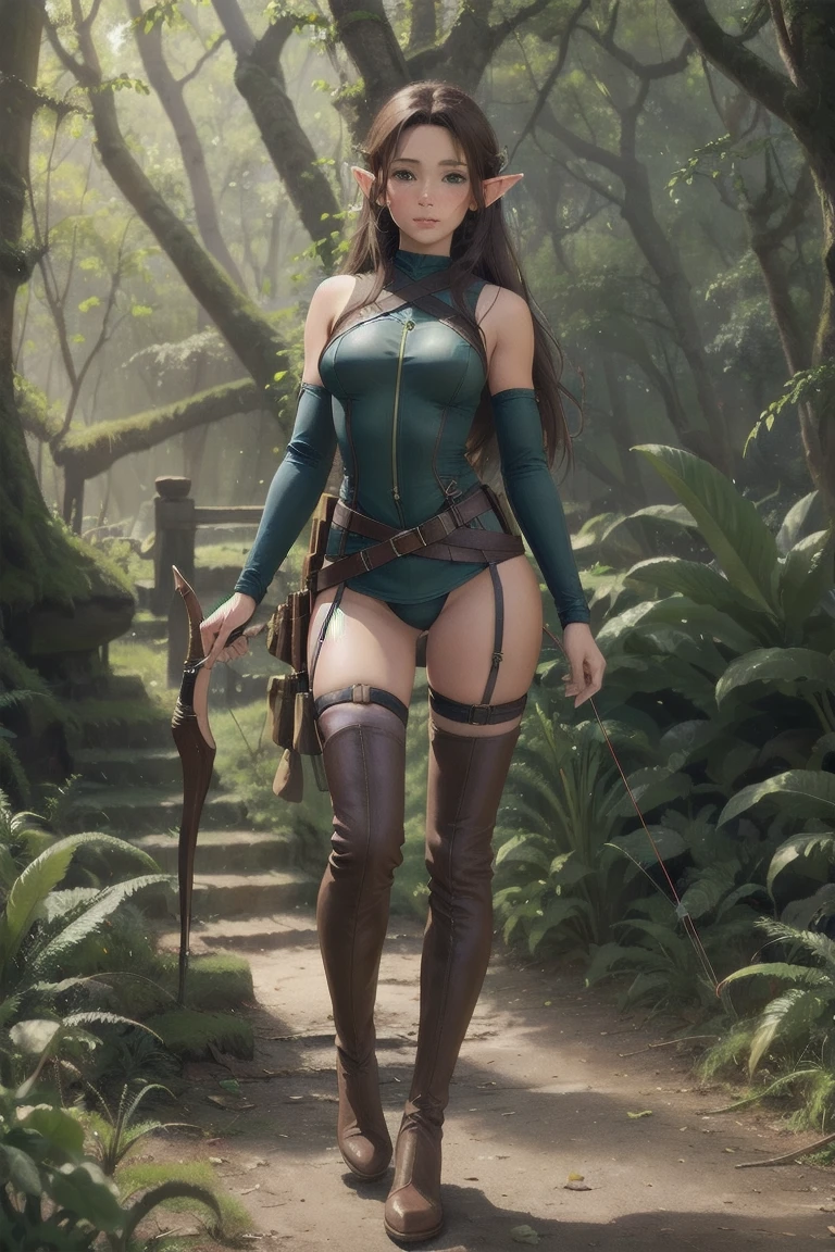 Masterpieces, best quality, perfect, wood, outdoors, forest, elf, sfw,26 years old, mature woman, leather, small ears, blushing, freckles, facing viewer, brown hair, full body, archer, long torso, mouth open, glossy lips, large waist, thick thighs, Standing up, facing viewer, thigh high socks, hourglass shape, slim waist, thigh gap, cleavege, adult woman, cleavege window, large breasts, beautiful background, perfect landscape, the most peacefull place you've ever been, a welcoming woman, lush pastures, leg strap, leg holster, belt, hunger games, holding wooden bow, holding fancy elf bow, milf, thigh boots held up by leather waist strap, cleavege cutout,