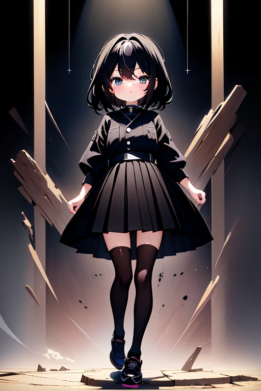 ((Best quality)), ((Masterpiece)),1 girl， animemanga girl，Q version characters， body type，Very short in height，Black color hair，a black skirt，Fierce expression