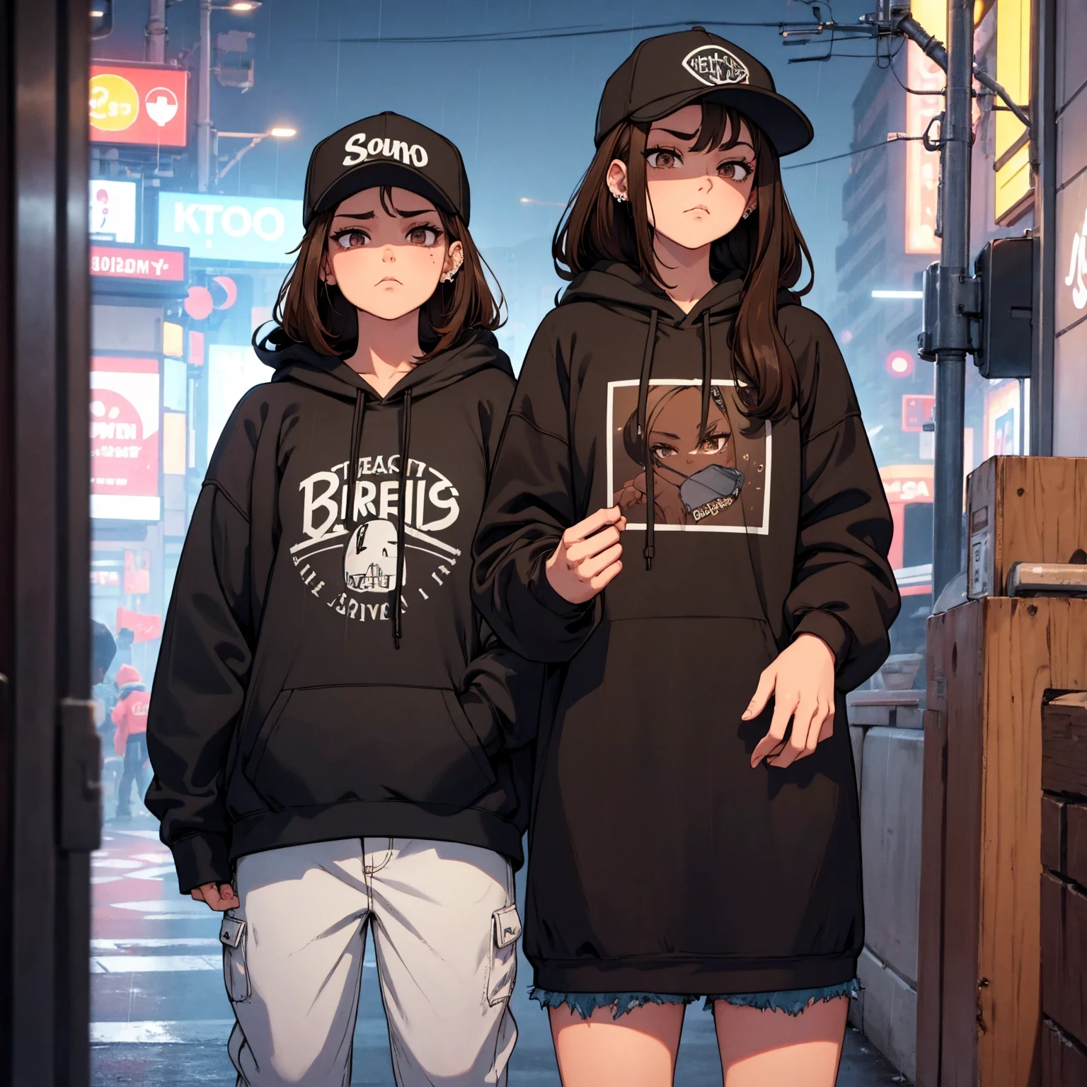 create a blank mock up for a faded black washed hoodie, retro baggy, 90s look, brown hair, with a blank hat on, beautiful female thin face, piercings on face, loose fit, baggy, pretty eyes, absolutely blank hoodie, night life in background, rain