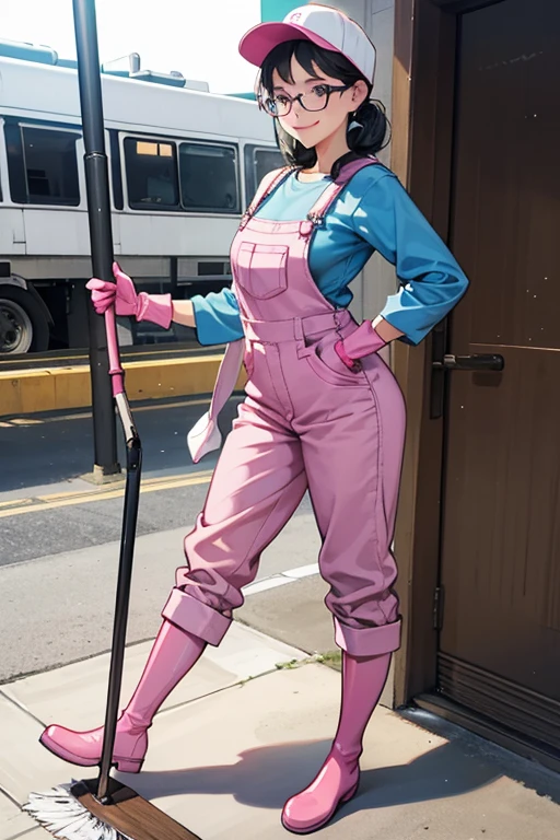 A mature woman with black hair and glasses wearing a blue long-sleeved overalls and a work cap, wearing pink long rubber gloves and white rubber boots, and smiling gently while cleaning the station premises
