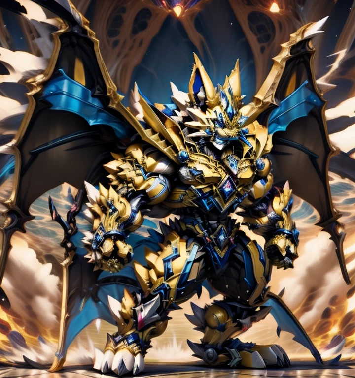 Zeraora's giant robot. (masterpiece, best quality, detailed:1.2) (Pokémon) Powered exoskeleton with the same design as Zeraora big muscle, GIANT, pecs, triceps, traps, waist narrow. bulge in the crotch,  with huge golden laser sword, body full of huge muscles. also have a cloak on my back. The cloak is so long that it touches the ground, showing off muscles, mechs, Correct limbs, detailed full body, Very muscular, Large pecs, Heavyweight, Bodybuilder figure, Wearing cyberpunk mecha, big bump, sparkling skin, Vibrant colors, 4K, realism, Don't stray too far from Zeraora's design, Furry Heroes, Main is yellow COLOR, have big wings.