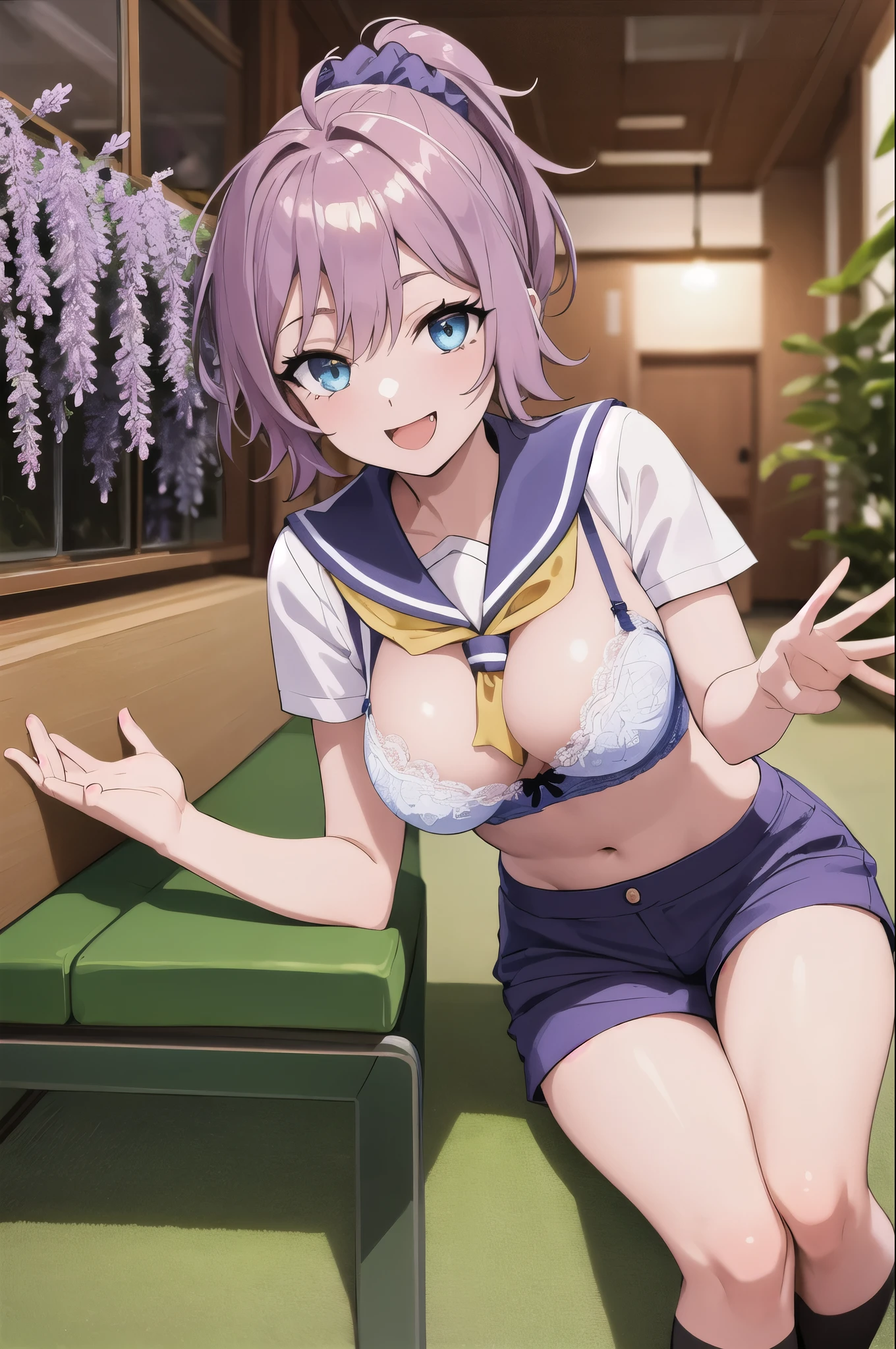 (masterpiece, highest quality:1.4), (Very detailed:1.2), {shape,Picturesque}, {Studio Light, Picturesque}, [Best Shadow],
(KonishiCSA)_(ShizumaCSA), (Alpha CDE:1.3)_(Gamma CDE:1.15),
break
(Perfect Anatomy), (Symmetrical eyes, Very detailed eyes, Beautiful Eyes), (Sharp eyeliner, Very detailed face, Beautiful Face), (blue eyes),短いポニーテール
break
nice hands, Perfect hands, Guido Daniele,
break
1girl, alone,
break
Green leavesKC, (Green leaves) uniform, (white) serafuku, (hair) Scrunchie, (Lavender Blue) Sailor collar, (yellow) neckerchief, (Lavender Blue) Shorts, (black) Knee socks, shoes,
break
looking at viewer, Cowboy Shot, To the audience, smile, Open your mouth, (indoor, office, living room), (Hold the camera),
break
(From behind)(panties), (bra), (In underwear), (Flashy underwear), (lingerie), 