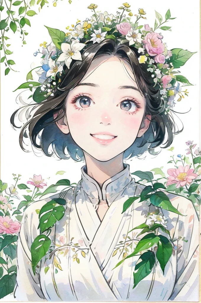 (masterpiece、highest quality、highest quality、Beautiful and beautiful:1.2)、Good anatomy、(Watercolor 1.5)、Composition looking up from a low position、Drawing of a girl with straight short hair、Beautiful smile、pure white costume、pure、Charm、looking at the camera、Flowers and leaves、Botanical Art