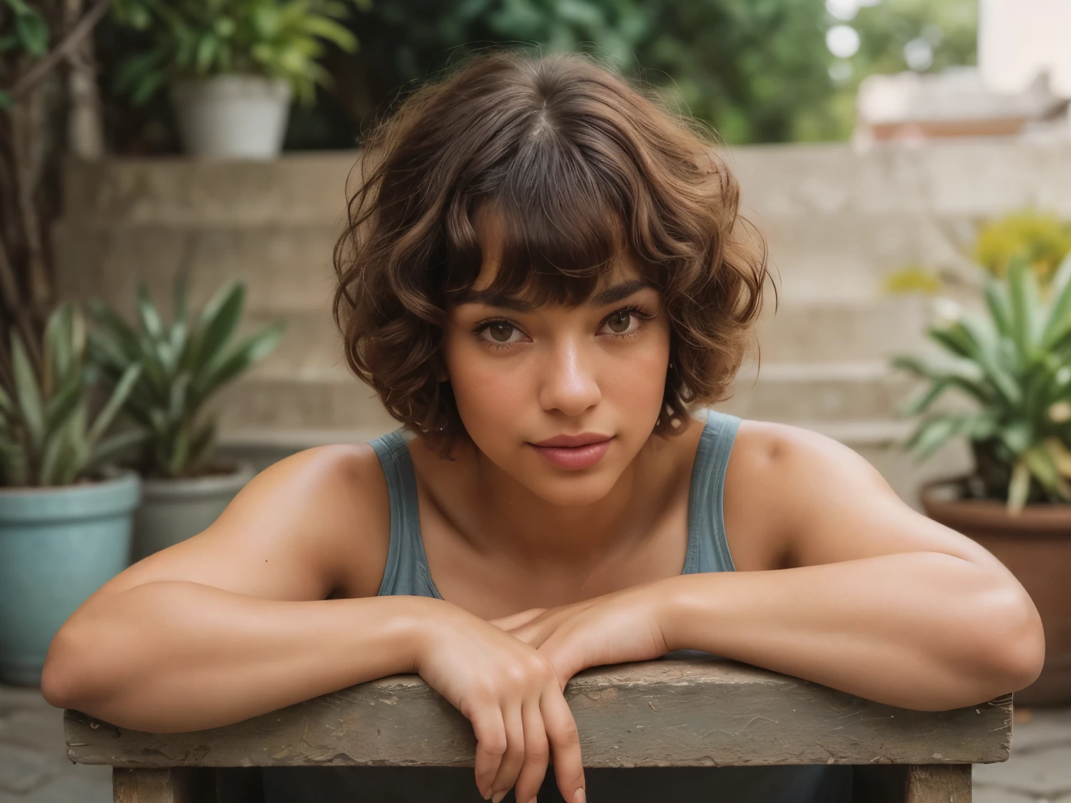analog film photo solo, realistic, ((vintage photo)), ((woman)), (((Short, Choppy Bangs Hairstyle))), ((brown tank top)), masterpiece portrait photo of a woman with faded blue jeans, comfort fit, (perfect face ), gorgeous Latina, she's sitting on a step outside ,her feet on the cobblestone street, ceramic potted succulents, plants and flowers line the area, lovely private nook, beautiful Latina, relaxed and posing, beautiful facial features, looking at the camera, hazel eyes, some blush on her cheeks, medium length curly brown hair, 4k RAW, best quality skin details, ultra-detailed, highly detailed eyes, detailed skin pores, intricate eye details, ((dynamic pose)), high detailed, (cinematic shot:1.3), PA7_Human-Likeness, PA7_Photo, 8k, clear facial features, pastel themed colorgrade . faded film, desaturated, 35mm photo, grainy, vignette, vintage, Kodachrome, Lomography, stained, highly detailed, found footage