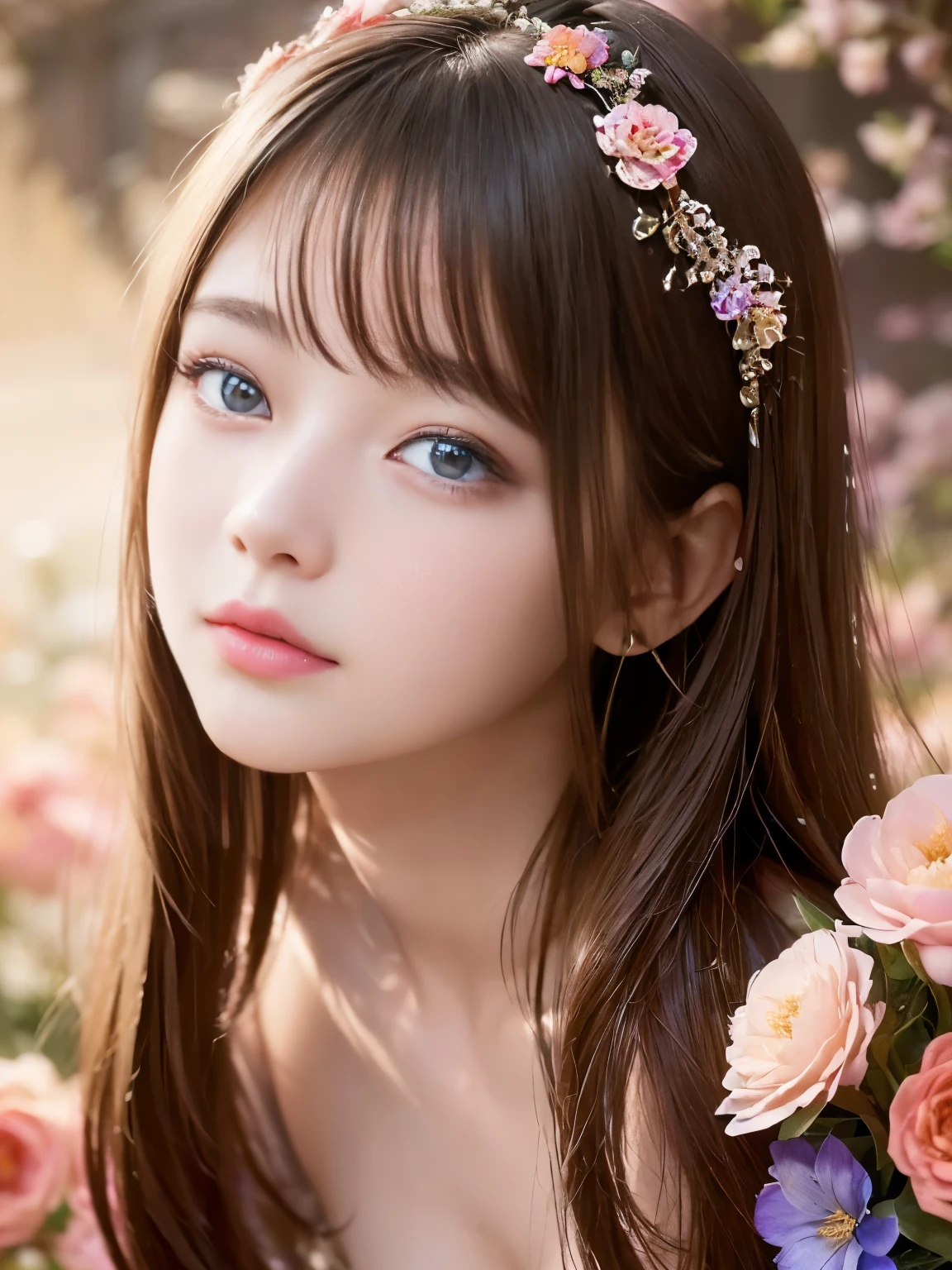 (masterpiece,highest quality,highest quality,Highest Resolution:1.2,16k raw photos:1.5,Hyperrealistic:1.5、Official Art,beautifully、aesthetic:1.2), (One girl:1.3),(Fractal Art:1.3)、brighten the eyes、Random Pause、A fantastic background with blooming flowers,Fantasy、