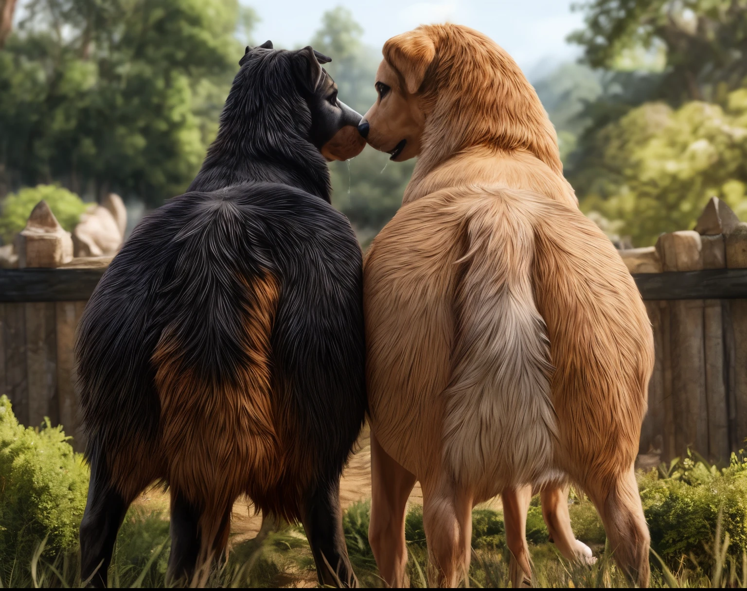 ((((photorealistic feral dog )))), ((((feral, duo)))),  ((((from behind, side view, saliva)))), ((((ass, ass-to-ass, looking away from each other,  back to back, all fours, butt focus)))), outside, sunny, blue skys, best quality, shaded, extreme detail, highly detailed, ultradetailed, intricate, realistic, detailed background, hi res, realistic, photorealism, 