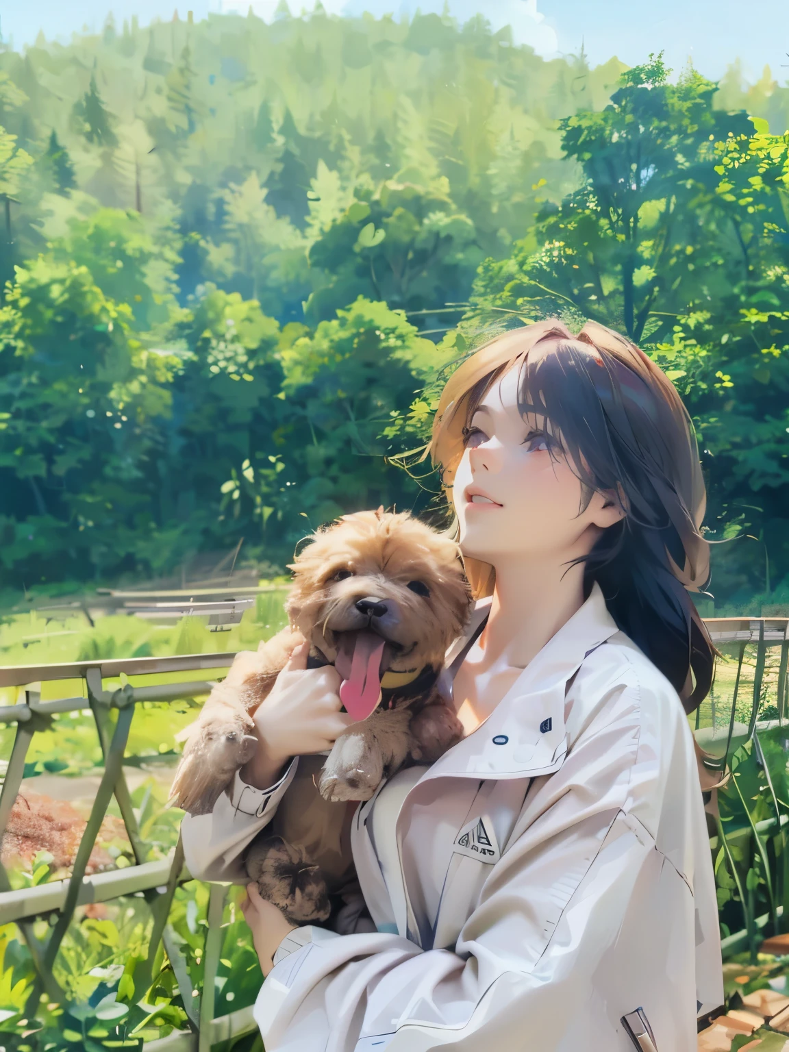 Girl holding Teddy in the sun,Look up at the sky,Half-length photo,Mountains and trees in the background,Fence and grass
