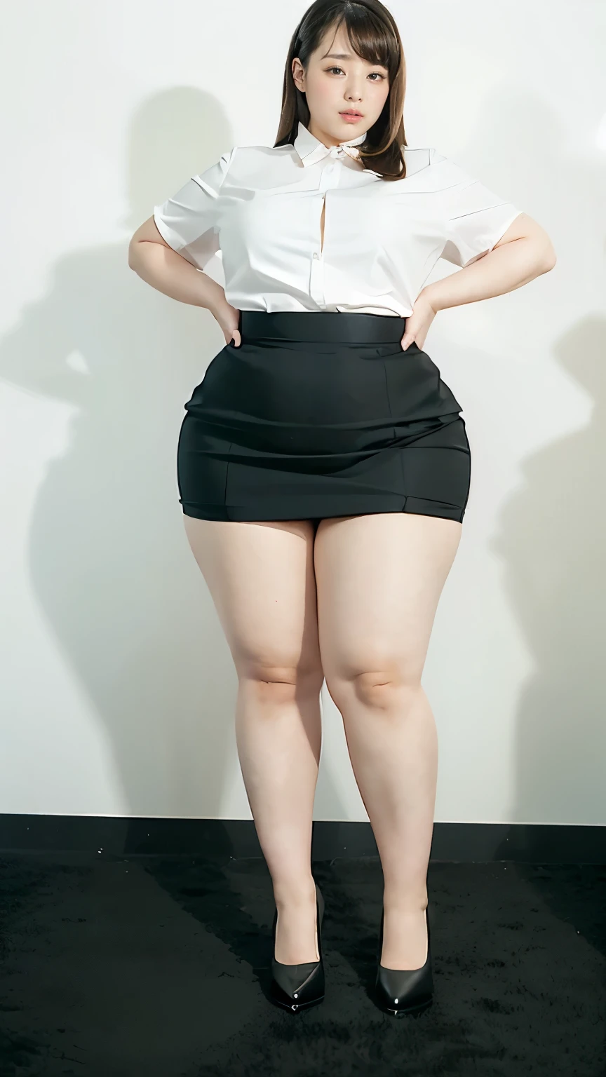 Office Lady、career woman、secretary、fat girl、Full body portrait、Hands on hips、Stand with your feet shoulder-width apart、Simple white background、High heels、Standing on tiptoes、woman、Brown Hair、Short Hair、Very fat、One Woman、