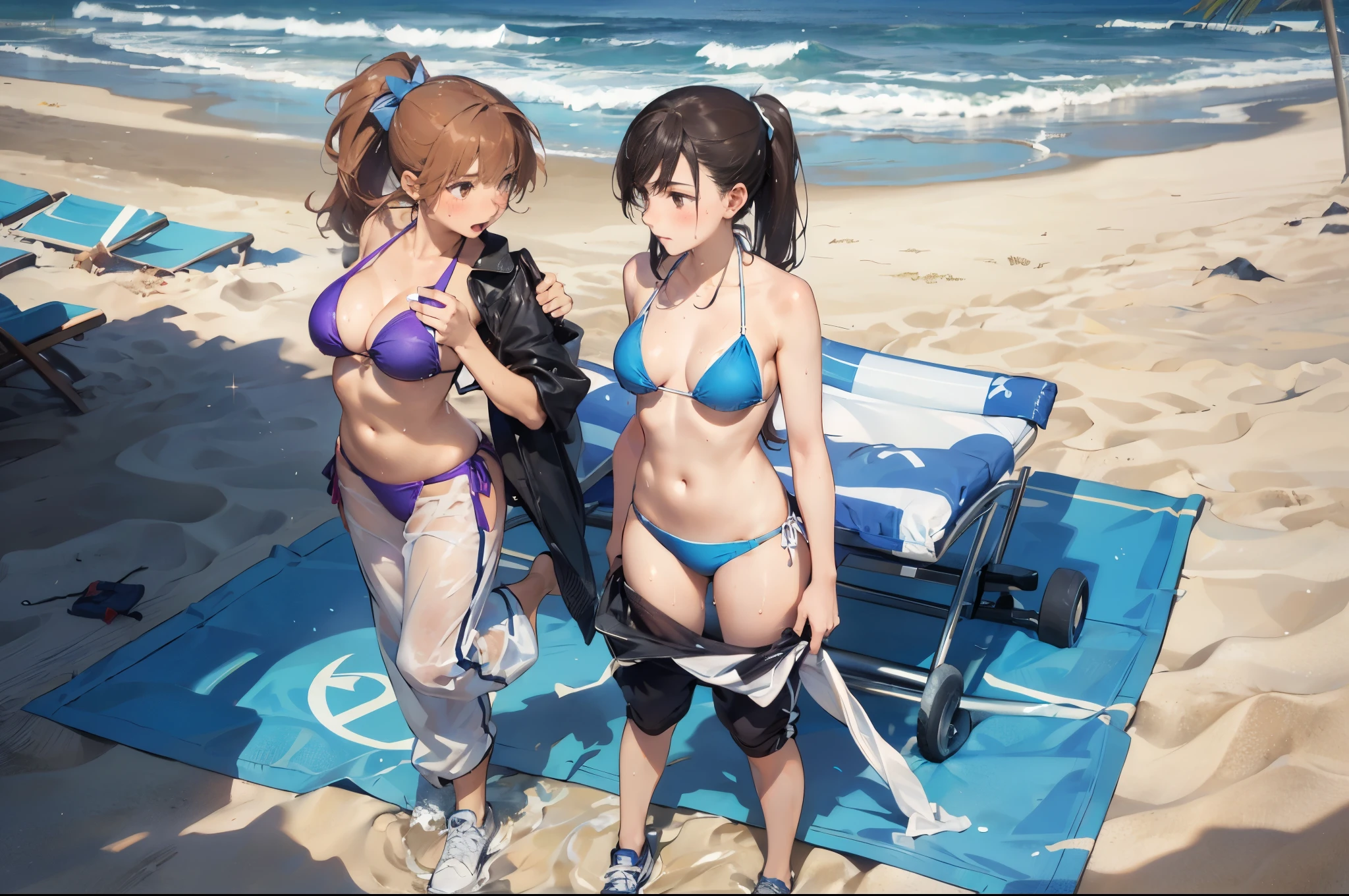 (super flat, flat shading), Honors Type, Really blushing, 17 years old, (street fighting:1.5), 2girls, (fighting:1.5), (power wave:1.5),wearing white (high-cut bikini swimwear:1.5), wedgie:1.5, cameltoe:1.7, sports shoes, ponytail brown hair, sweaty healthy body, sweaty soaking wet full body, bare legs, navel, ultra realistic, breeze, in crowded public beach,