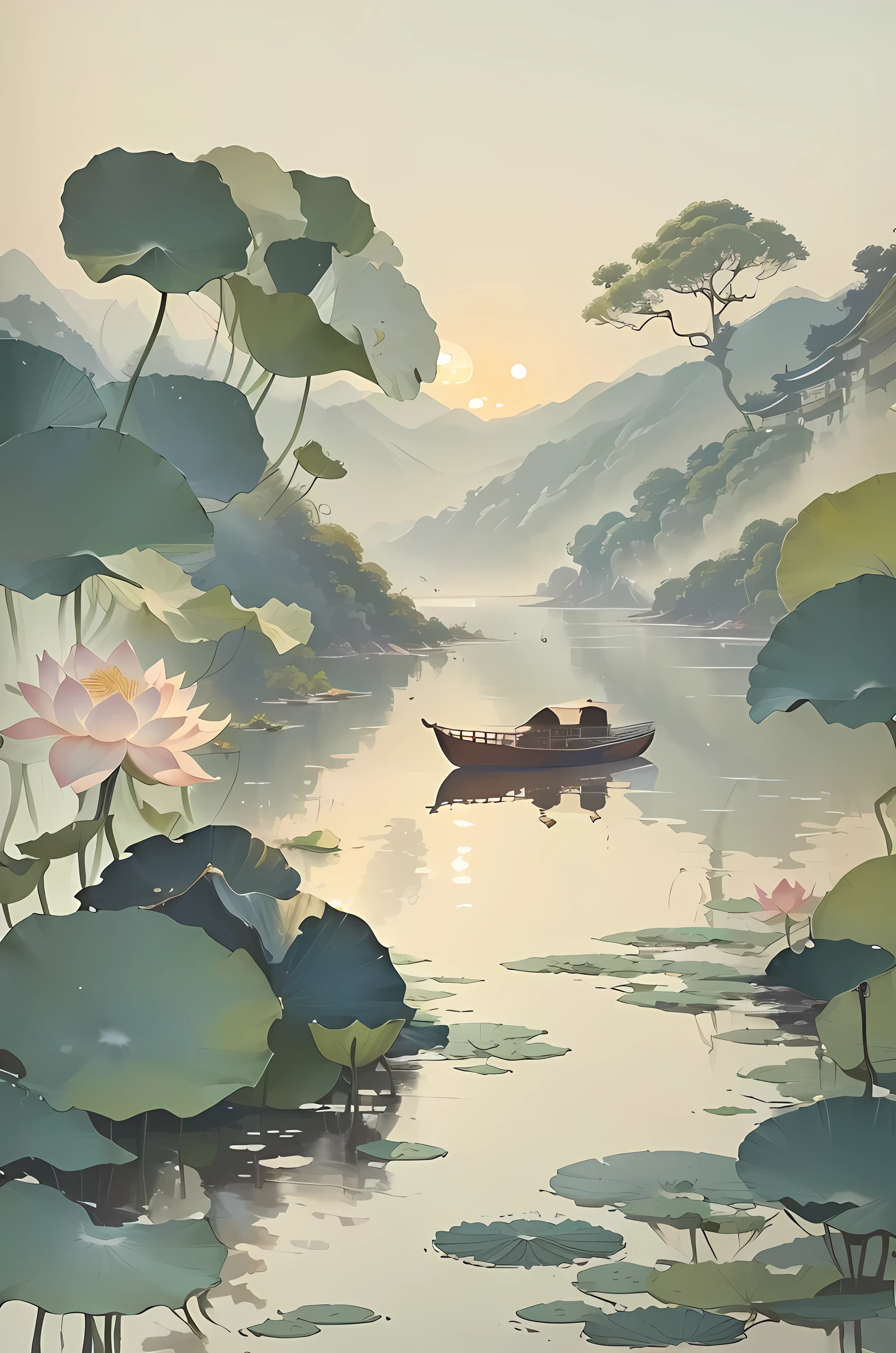 There is a painting，There is a boat on the river in the painting，There are lotus flowers on it, Britney Lee, Tranquility illustration, author：Li Song, A beautiful artistic illustration, author：Yang Jie, by Yun-Fei Ji, Chinese painting style, by Sheng Maoye, Chinese style, Miyazaki&#39;s style, author Wang E