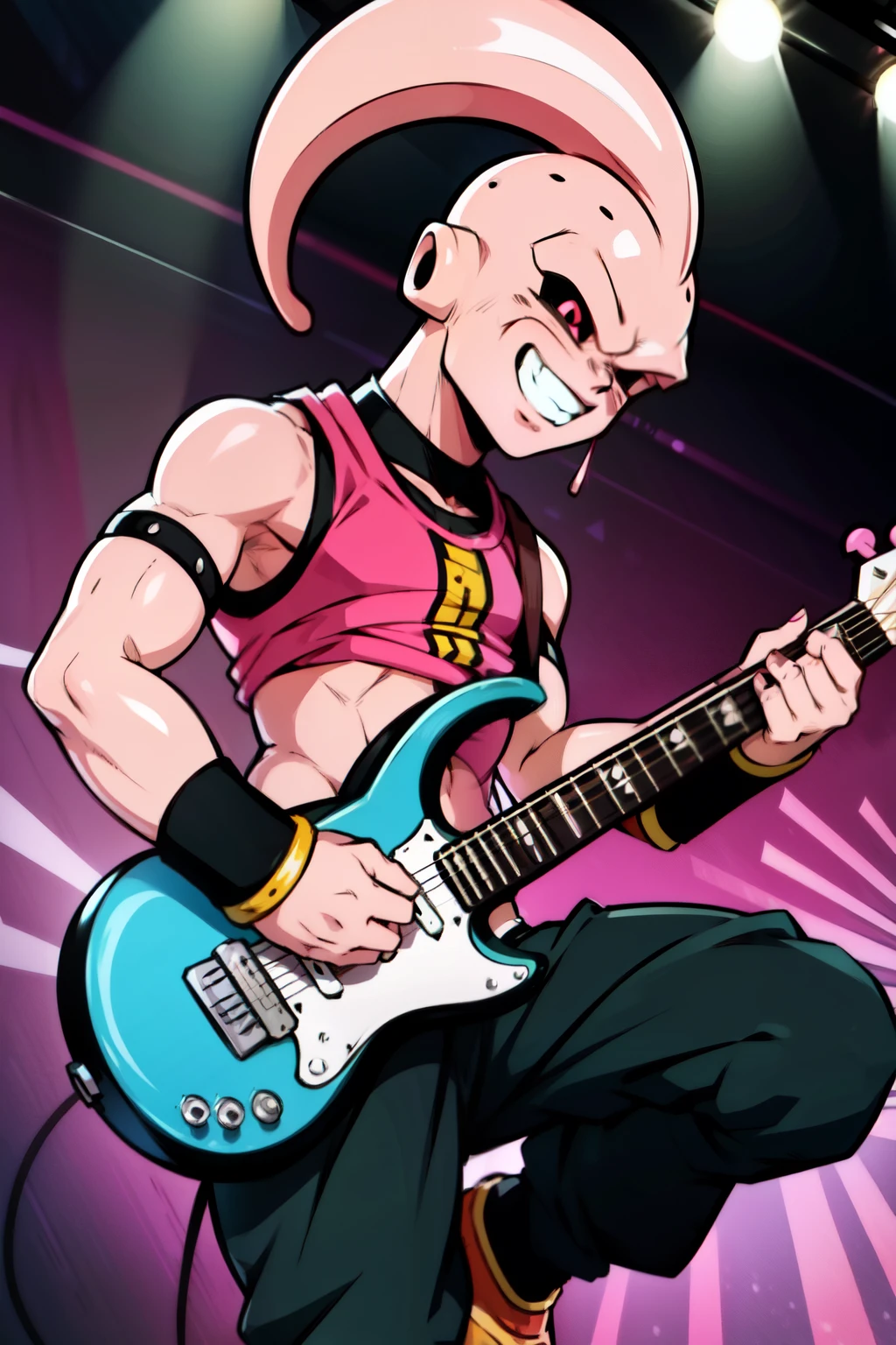 Buu wear black punk style clothes , playing energetic guitar,on the stage,smiling,detailed 