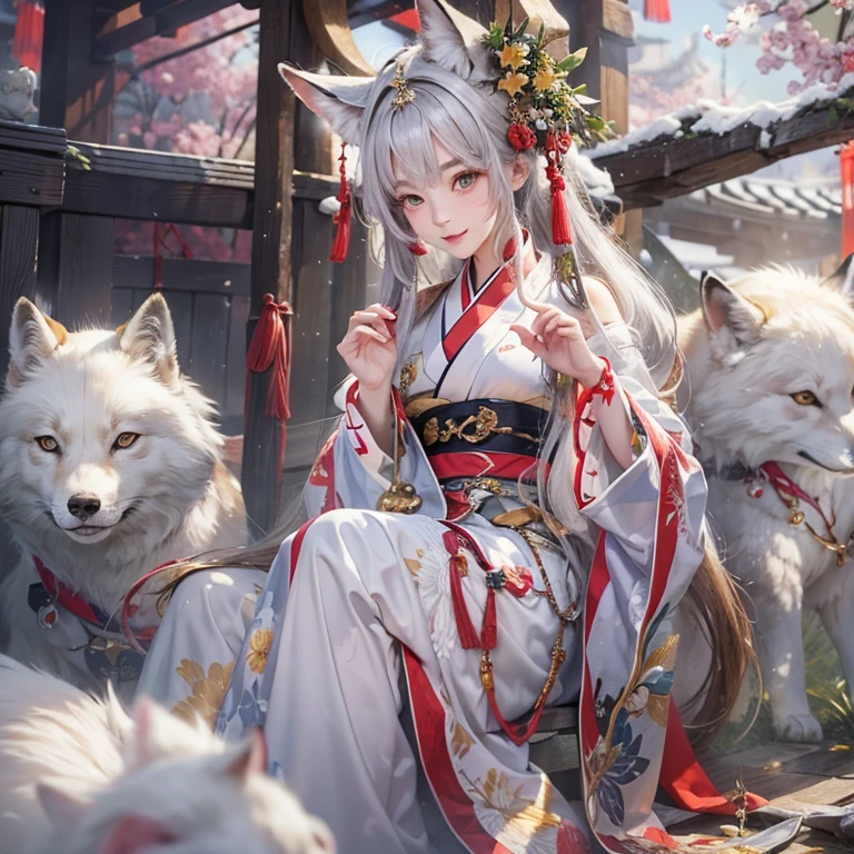 Hide in the ancient shrine、Hair flows、 ((highest quality、masterpiece、8k、best image quality、ultra high resolution、Award-winning work)、(accurate anatomy:1.1)、(look at me and smile:1.1)、Shining fair skin with ultra high resolution、most detailed face、ultra high resolution detailed face、ultra high resolutionの髪の毛、(ultra high resolutionの煌めく瞳:1.1)、Beautiful face drawn in every detail、(blurred background:1.1)、ancient shrine maiden clothes, chest together, tattoo、white fox aside