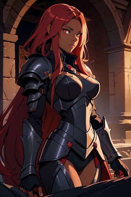 (best quality,masterpiece:1.2),1girl,adult,demon-girl,demon princess,(red hair,dark skin,green eyes:1.1),pointy ears,cute face,smiling,looking up,upper body,hair strand,fair skin,royal armor,illustration,detailed eyes,detailed lips,intense gaze,(shy expression:1.5),flowing hair,ornate armor,shimmering textures,(city background:1.5),vibrant colors,sharp focus,powerful presence,luminous lighting,mythical atmosphere,battle vibes,sinister beauty,haunting aura,fierce determination,commanding stance