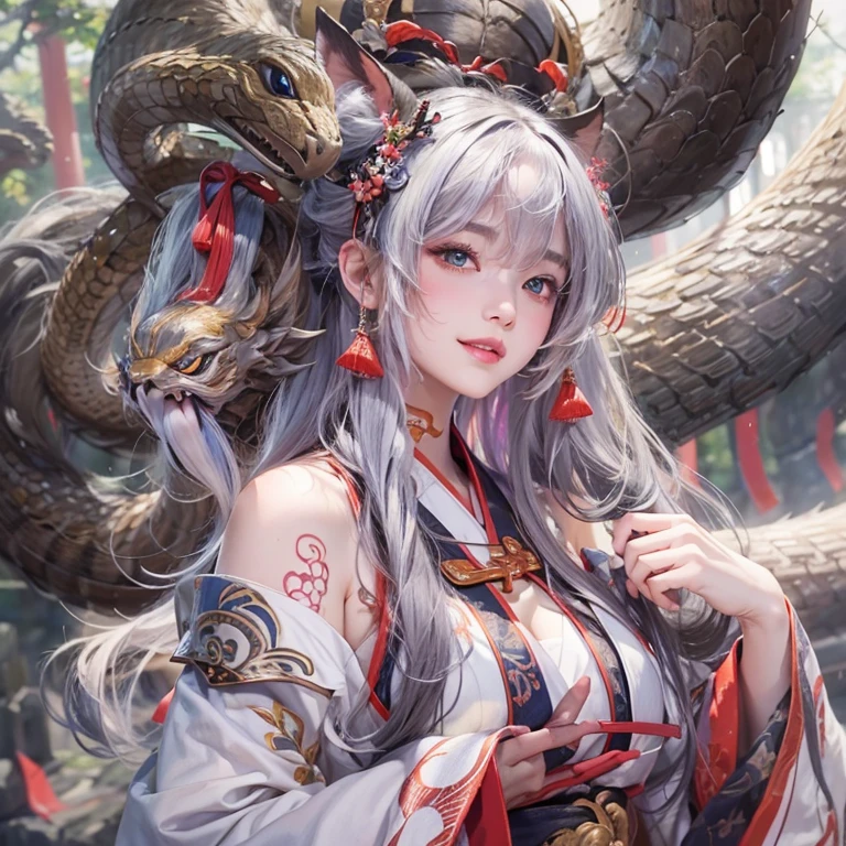 Hide in the ancient shrine、Hair flows、 ((highest quality、masterpiece、8k、best image quality、ultra high resolution、Award-winning work)、(accurate anatomy:1.1)、(look at me and smile:1.1)、Shining fair skin with ultra high resolution、most detailed face、ultra high resolution detailed face、ultra high resolutionの髪の毛、(ultra high resolutionの煌めく瞳:1.1)、Beautiful face drawn in every detail、(blurred background:1.1)、ancient shrine maiden clothes, chest together, tattoo、giant white snake aside