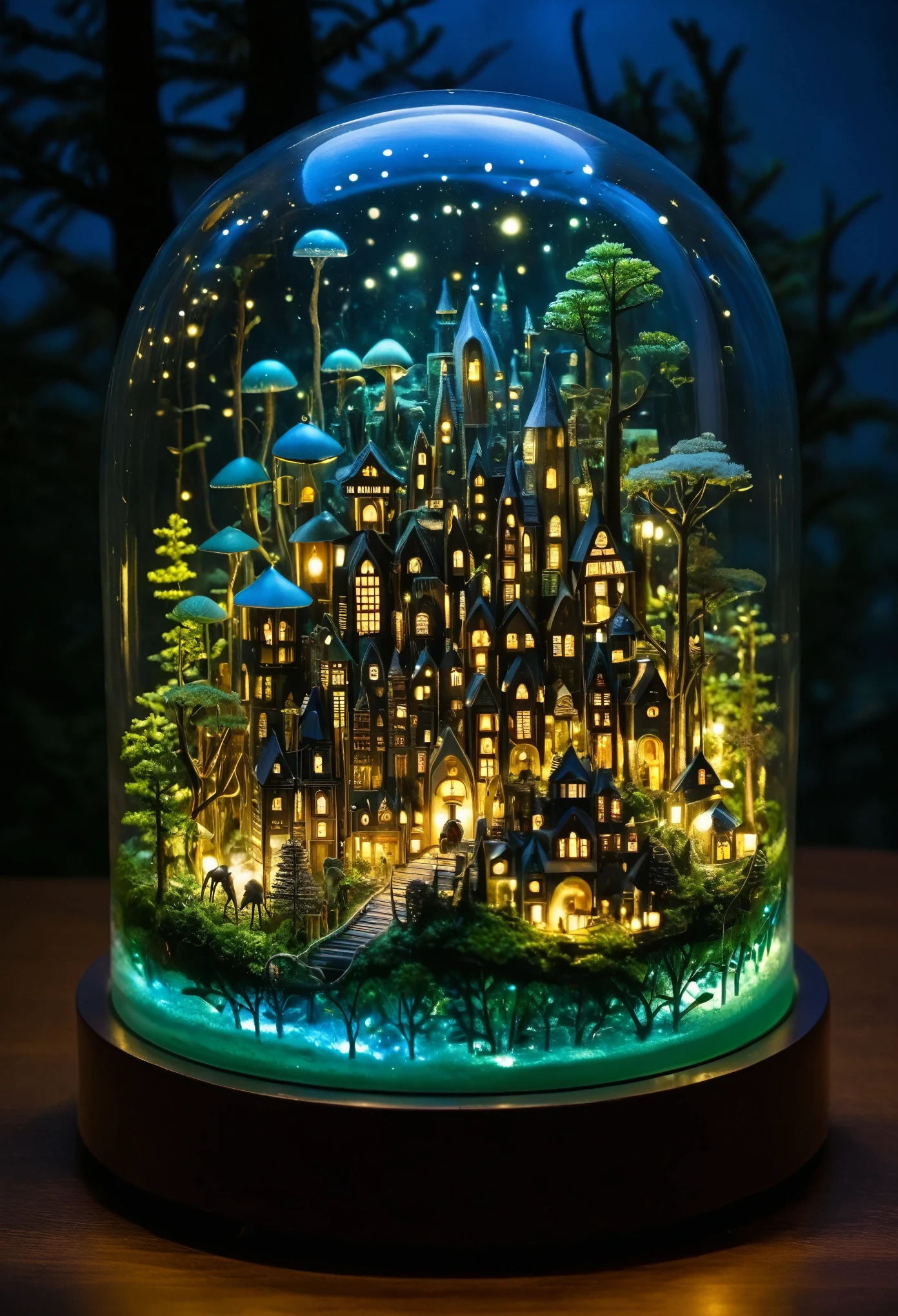 A mesmerizing scene of a miniature metropolis encased in glass, nestled amidst a nocturnal forest, illuminated by bioluminescent creatures, inspired by the works of Studio Ghibli.