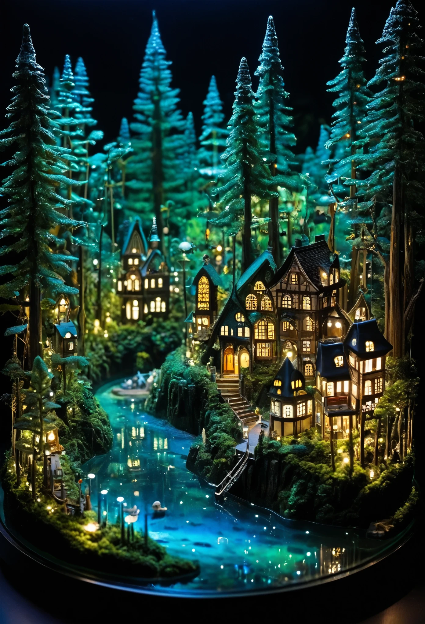 A mesmerizing scene of a miniature metropolis encased in glass, nestled amidst a nocturnal forest, illuminated by bioluminescent creatures, inspired by the works of Studio Ghibli.